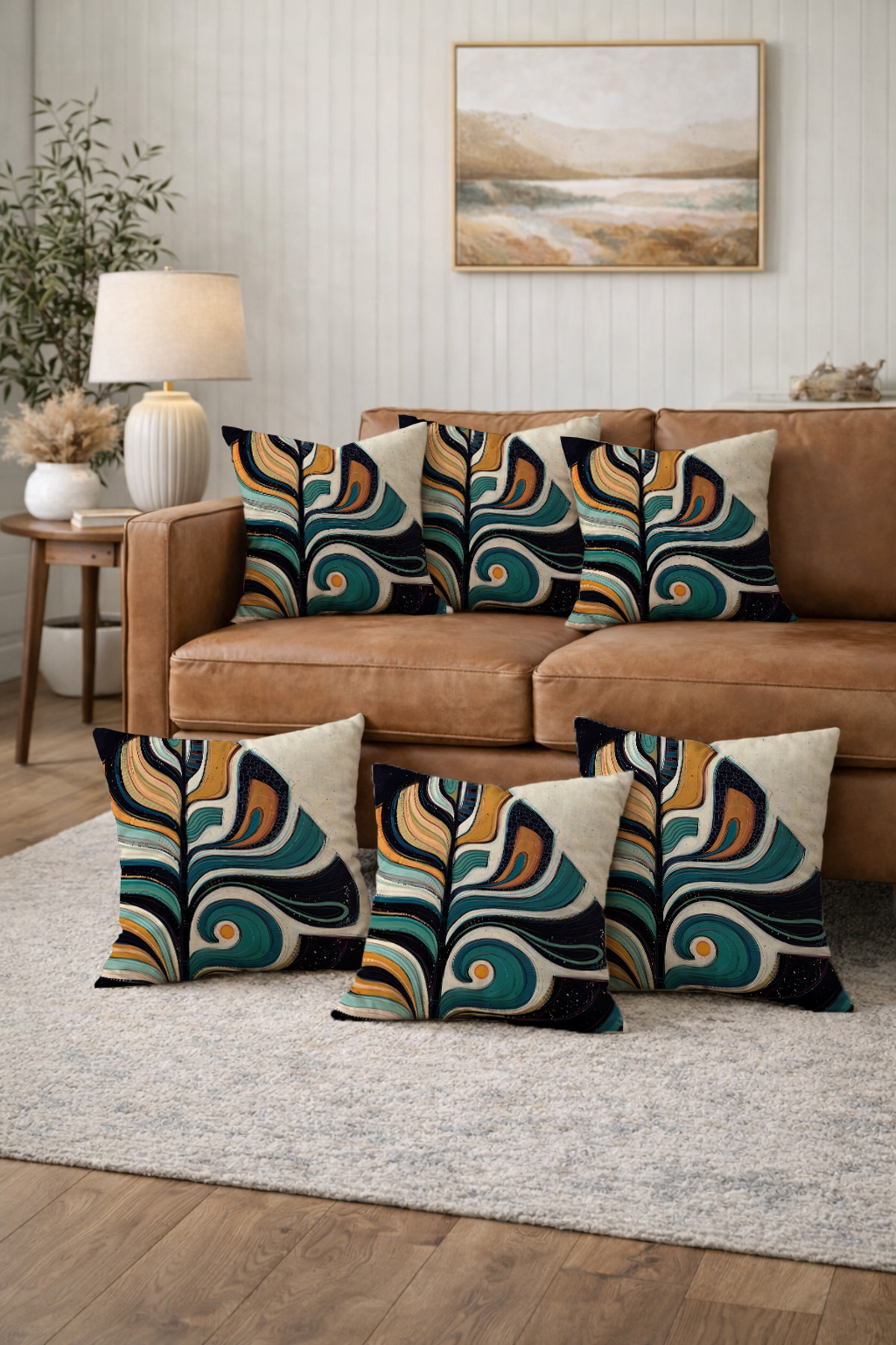 6-Piece Pillow Case Set 43x43 cm Double-Sided Petroleum Green Black Mustard Abstract Wave Pattern