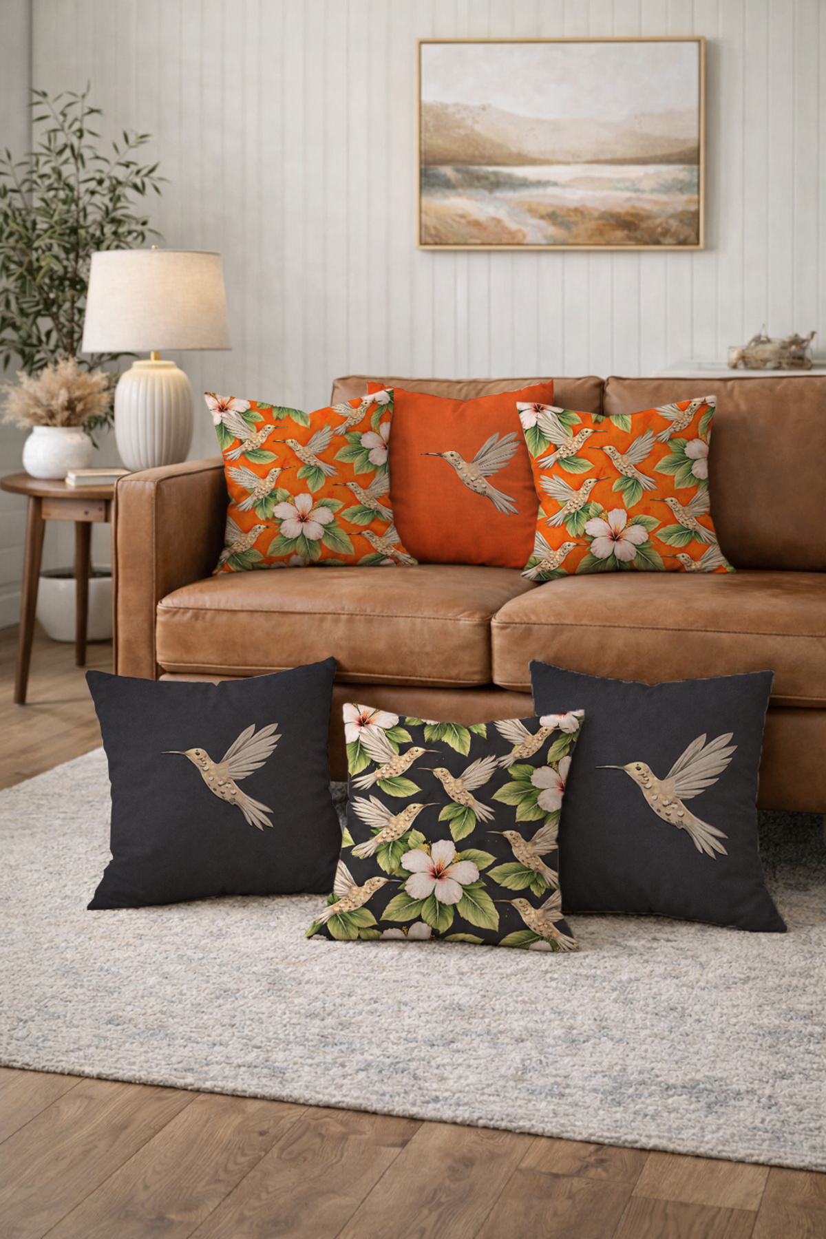 Combination Pillowcase with Orange Flower and Bird Figure 6-Piece Set 43x43 cm Digital Printing