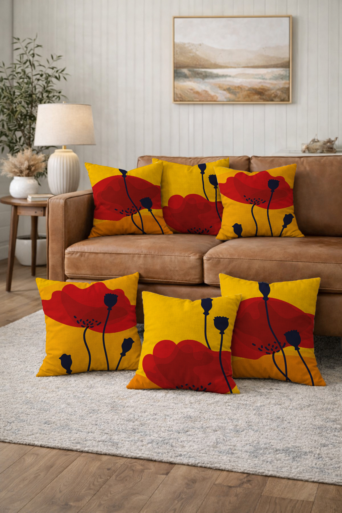 6-Piece Double-Sided Digital Printed Pillowcase Set - Yellow Backed Poppy Pattern 43x43 cm
