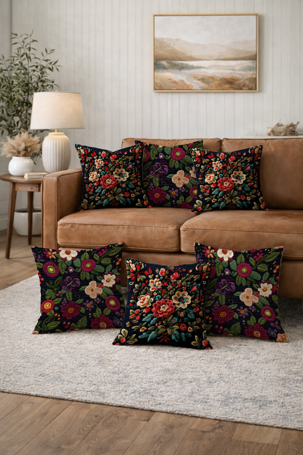 Double-Sided Digital Printing 6-Piece Decorative Pillow Case with Flower Punch Embroidery Design