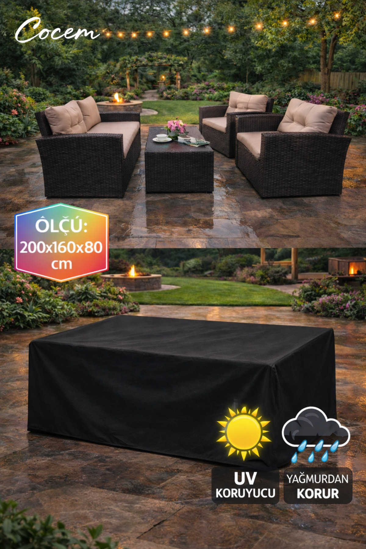 Black Garden Furniture Tarpaulin 200x160x80cm Waterproof UV Protected Outdoor Protector