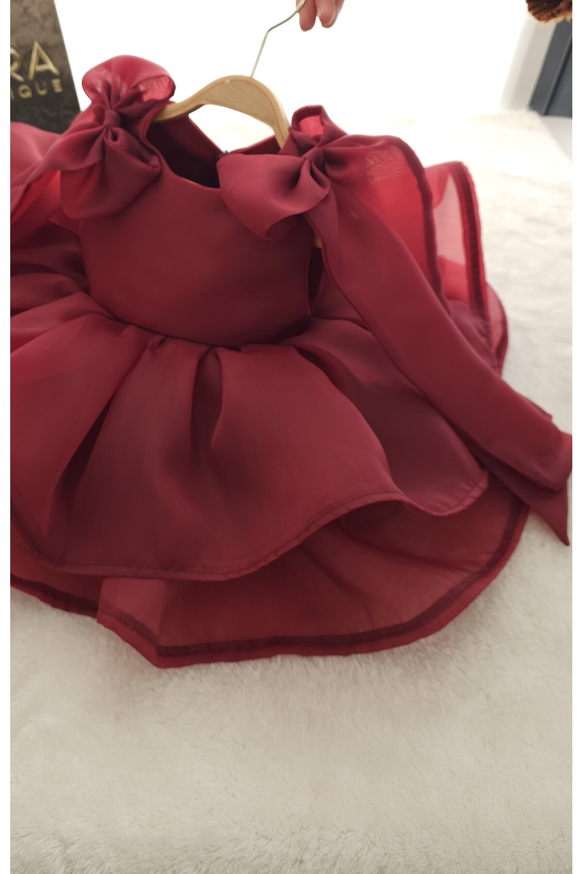 Elwirababyboutiqe Burgundy Shoulder Bow Detailed Puffy Dress