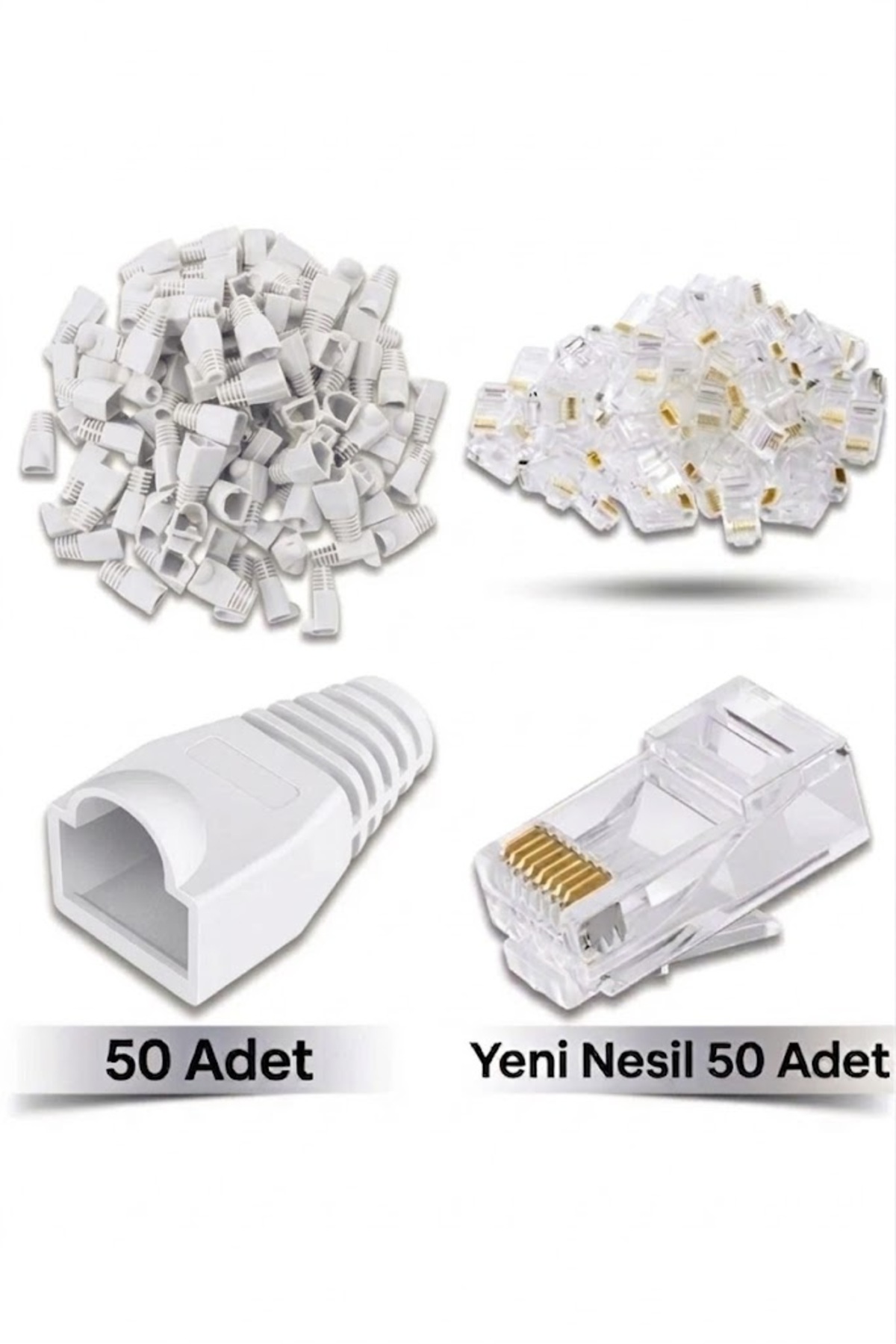 50 Adet Yeni Nesil Ez Rj45 8P8C + 50 Adet Cover Set RJ45 2in1 Cover Jak Ethernet Soket Set Beyaz