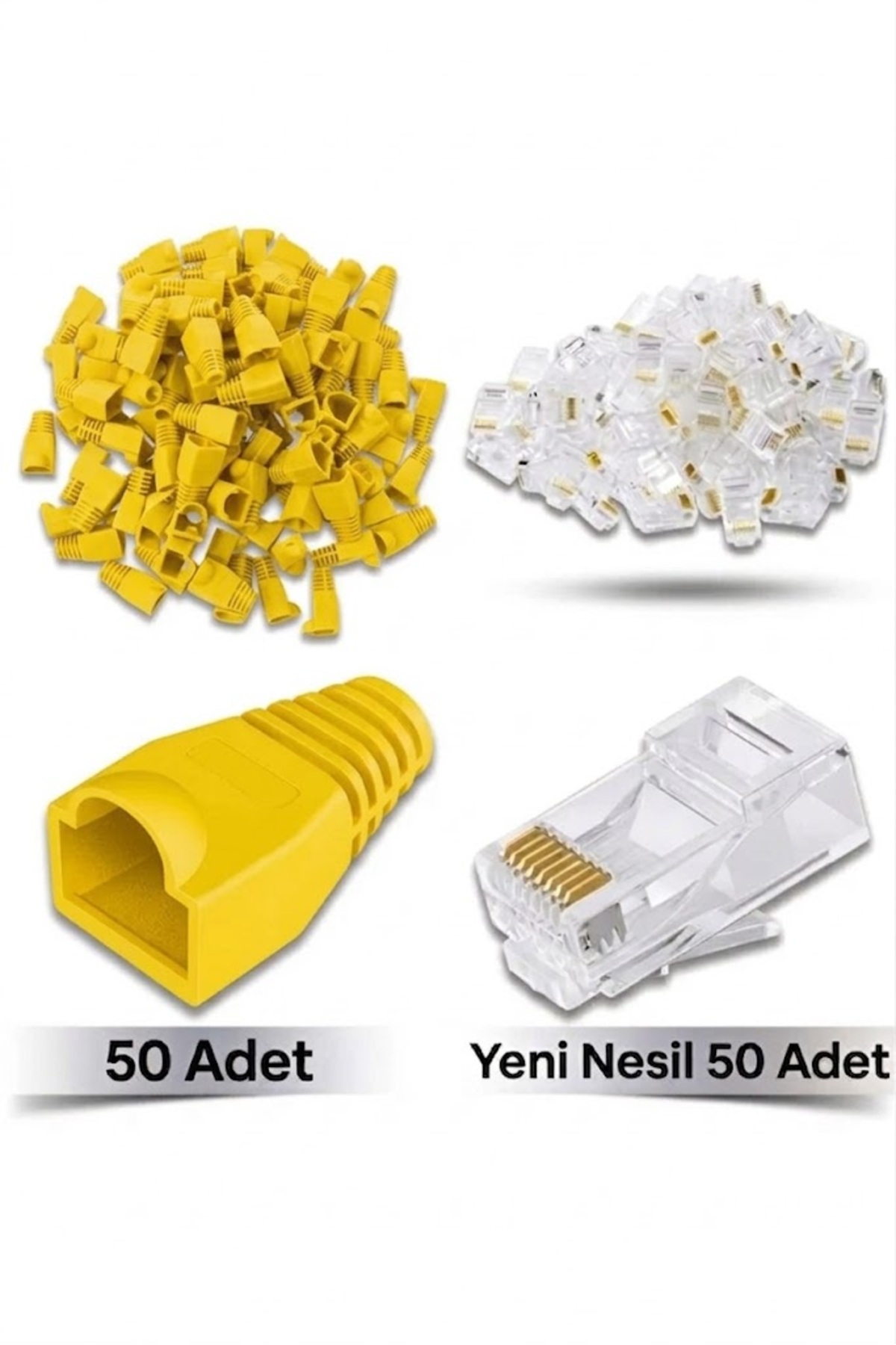 50 Adet Yeni Nesil Ez Rj45 8P8C + 50 Adet Cover Set RJ45 2in1 Cover Jak Ethernet Soket Set Sarı