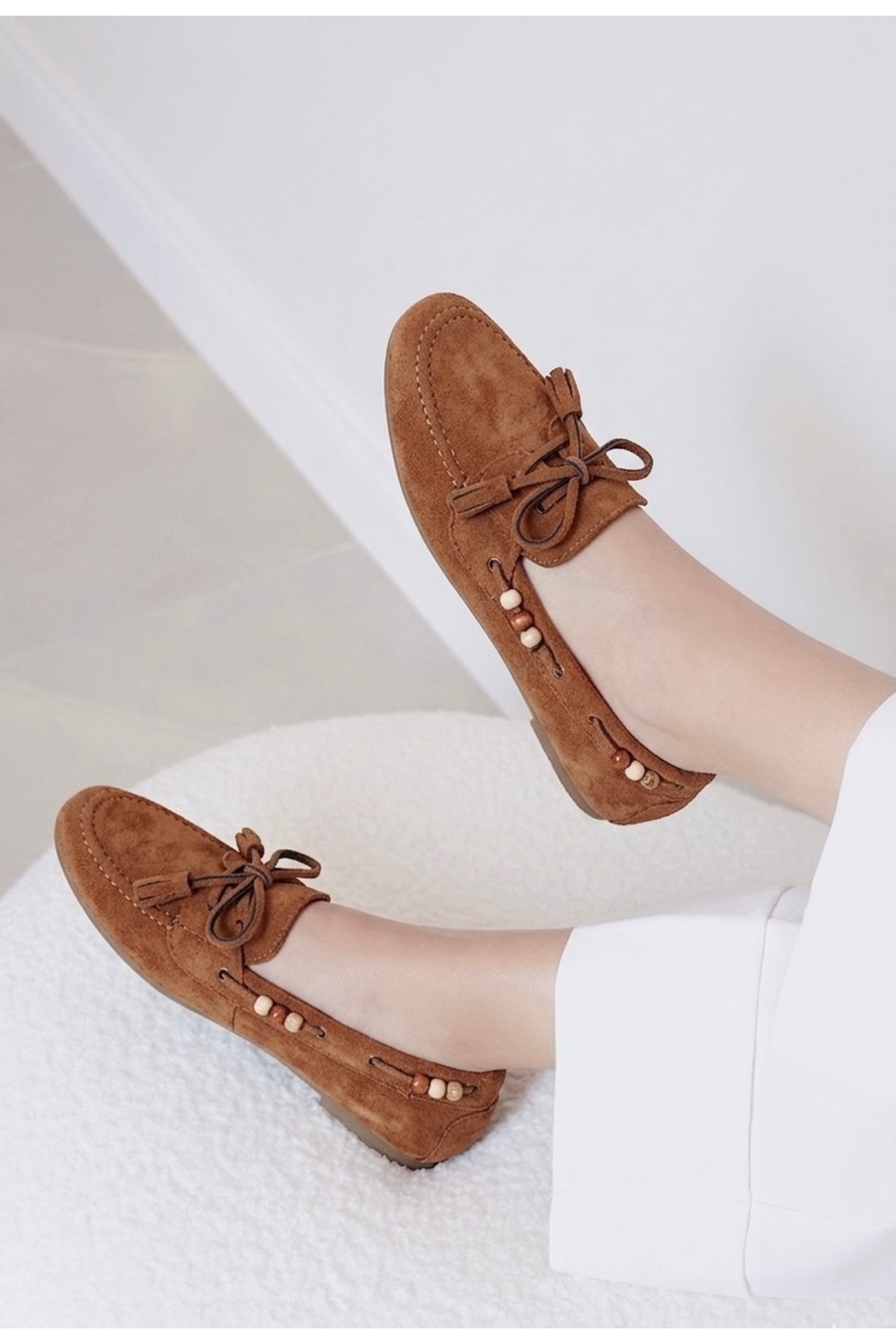 POLKA STORE Tim Süet Püskül Detaylı Hafif Esnek Tabanlı Kadın Loafer Slipon Babet Ayakkabı Mary Jane görsel 3