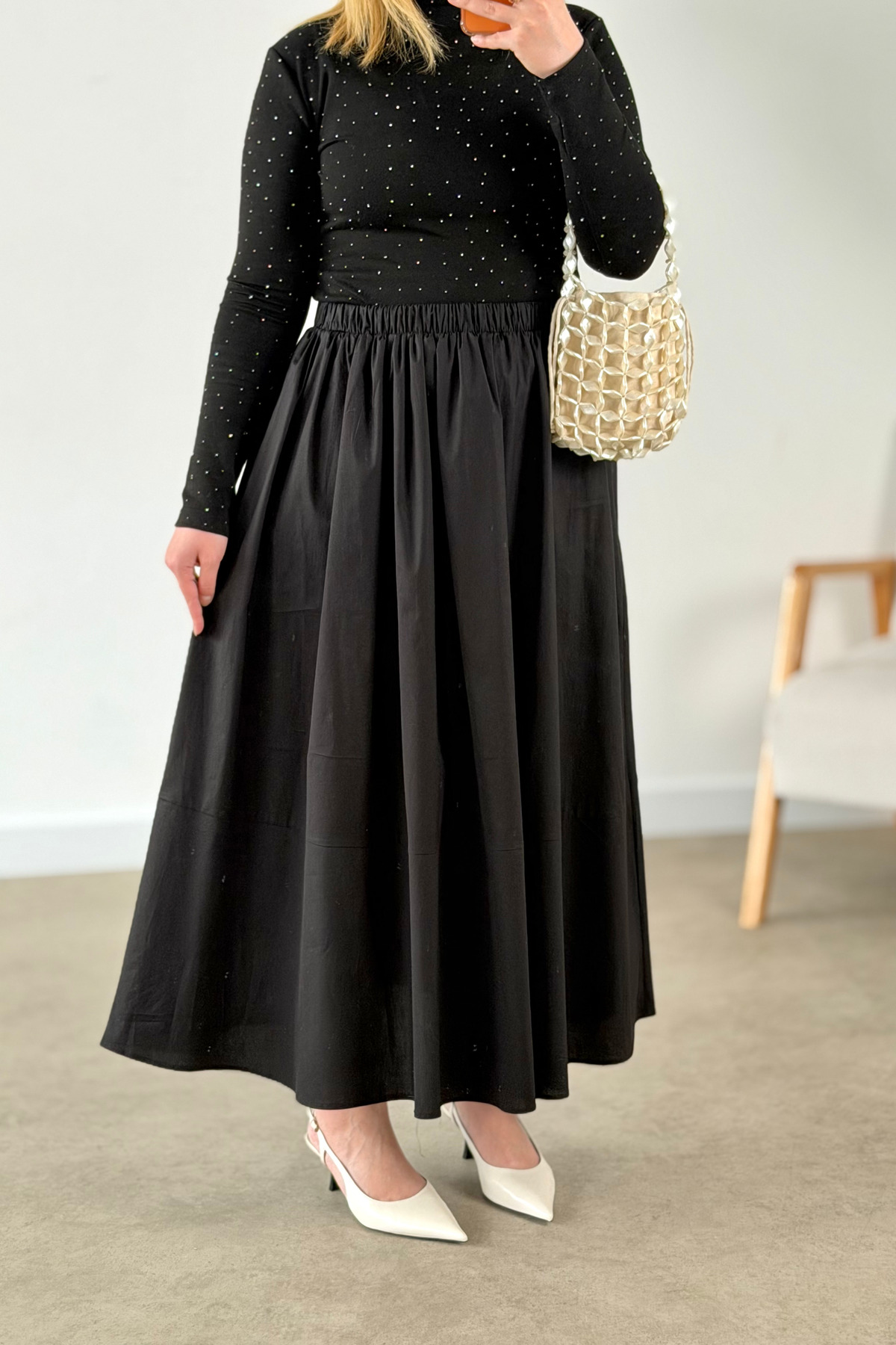 CHUL  Kadın Büyük Beden Poplin Parçalı Büzgülü Cepli etek - siyah - Görsel 6