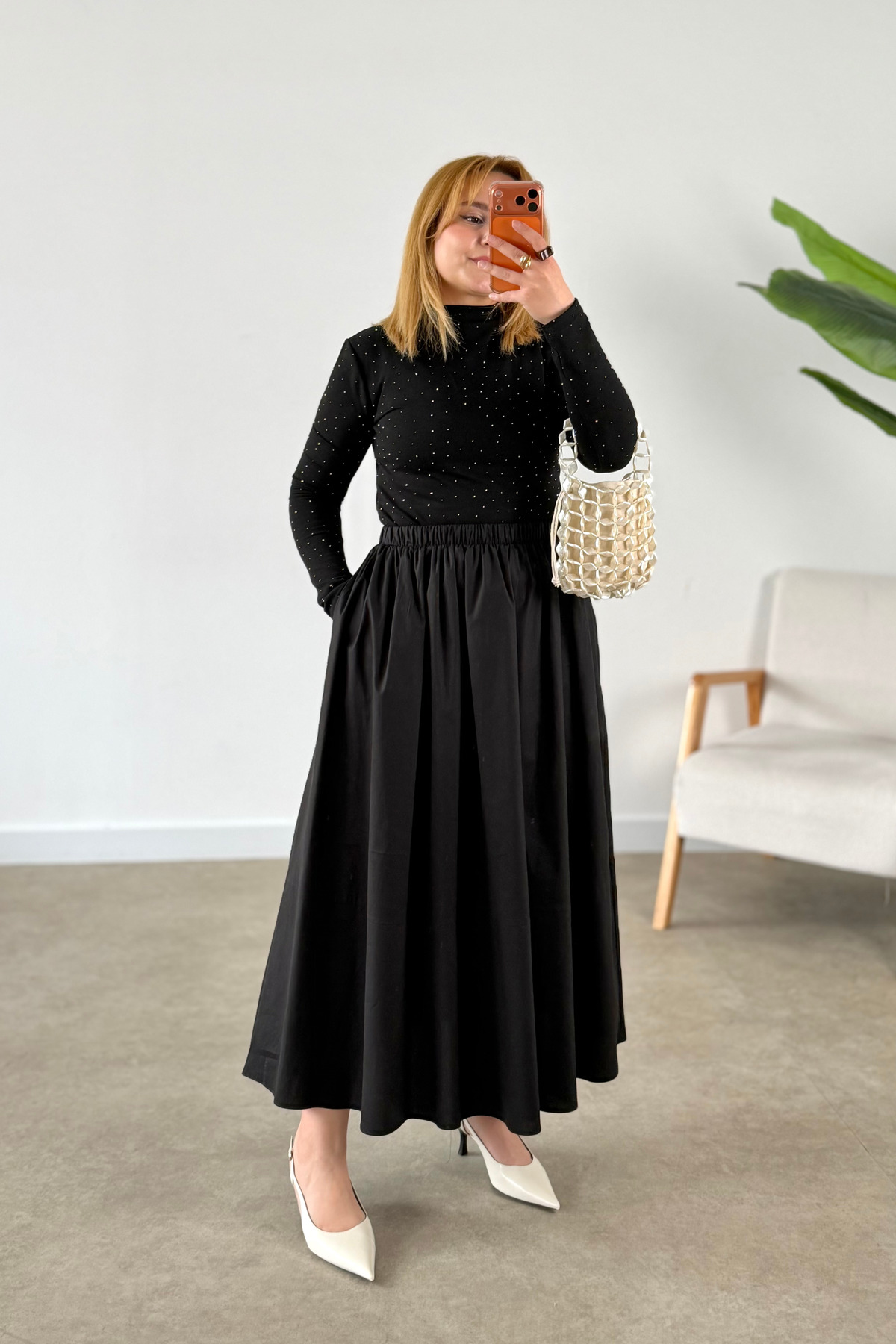 CHUL  Kadın Büyük Beden Poplin Parçalı Büzgülü Cepli etek - siyah - Görsel 7