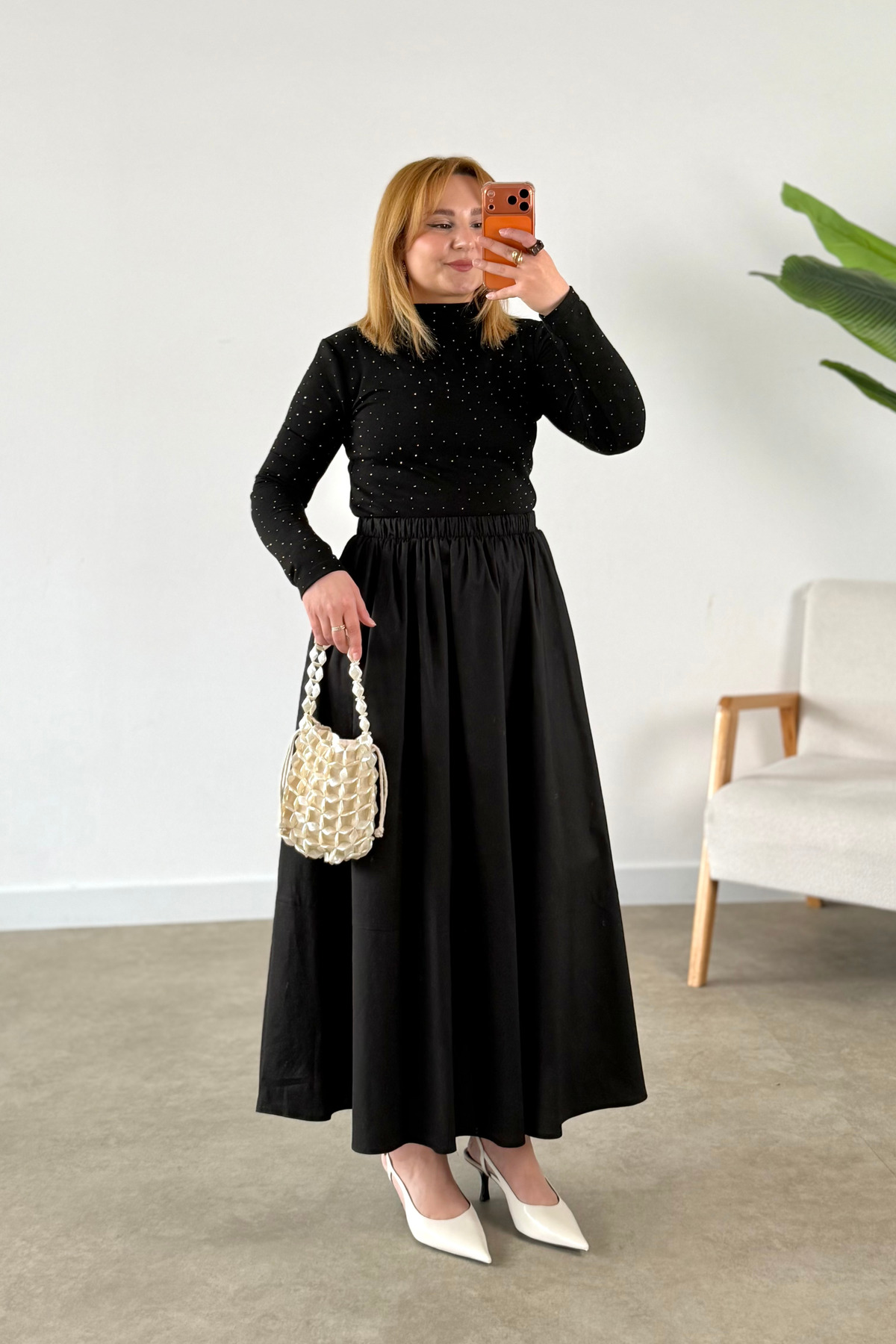 CHUL  Kadın Büyük Beden Poplin Parçalı Büzgülü Cepli etek - siyah - Görsel 5