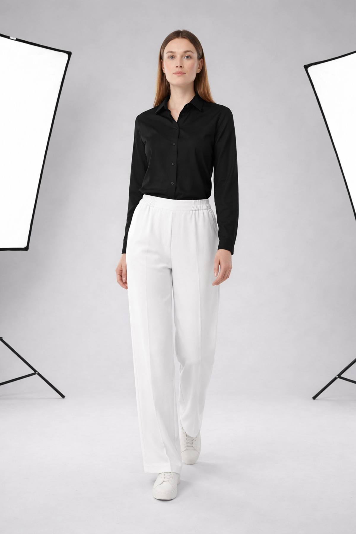 Hamiyet Doğan  Bol Paça Beli Lastikli Kadın Kumaş Pantolon - Görsel 4