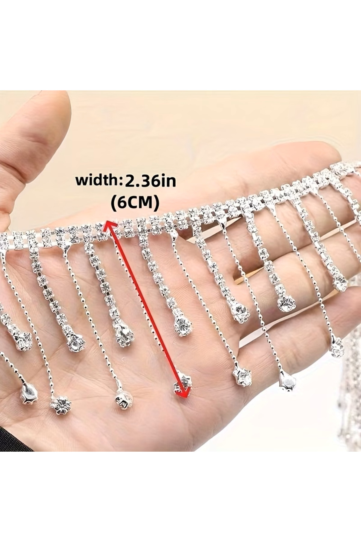 İşleme Şerit, Elbise Abiye Süsleme, Dikilebilir Taşlı Gümüş Renk Zincirli Saçak Şerit (1metre)