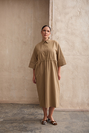 LUOKK ELANOR Bağcıklı Poplin Uzun Elbise Camel