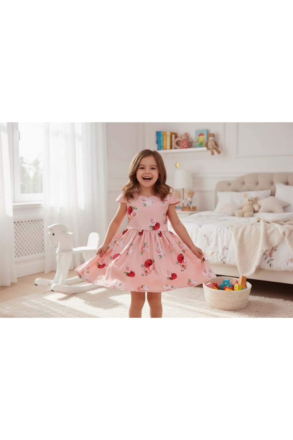 Craft Saten Pembe Çiçekli Elbise-4 Yaş