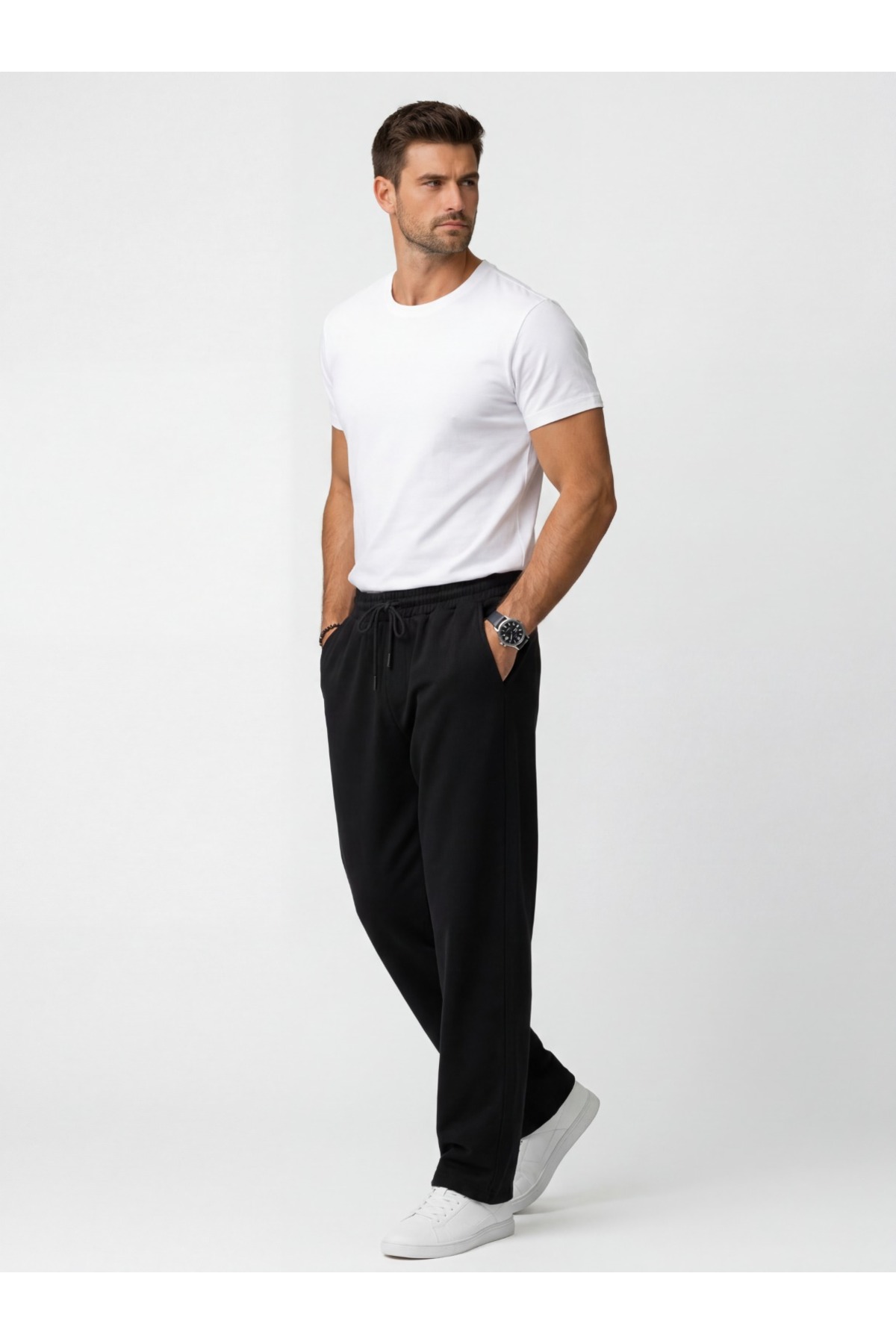 Leopars Black Baggy Sweatpants with Wide Legs, 2 Thread Counts, Full Fit