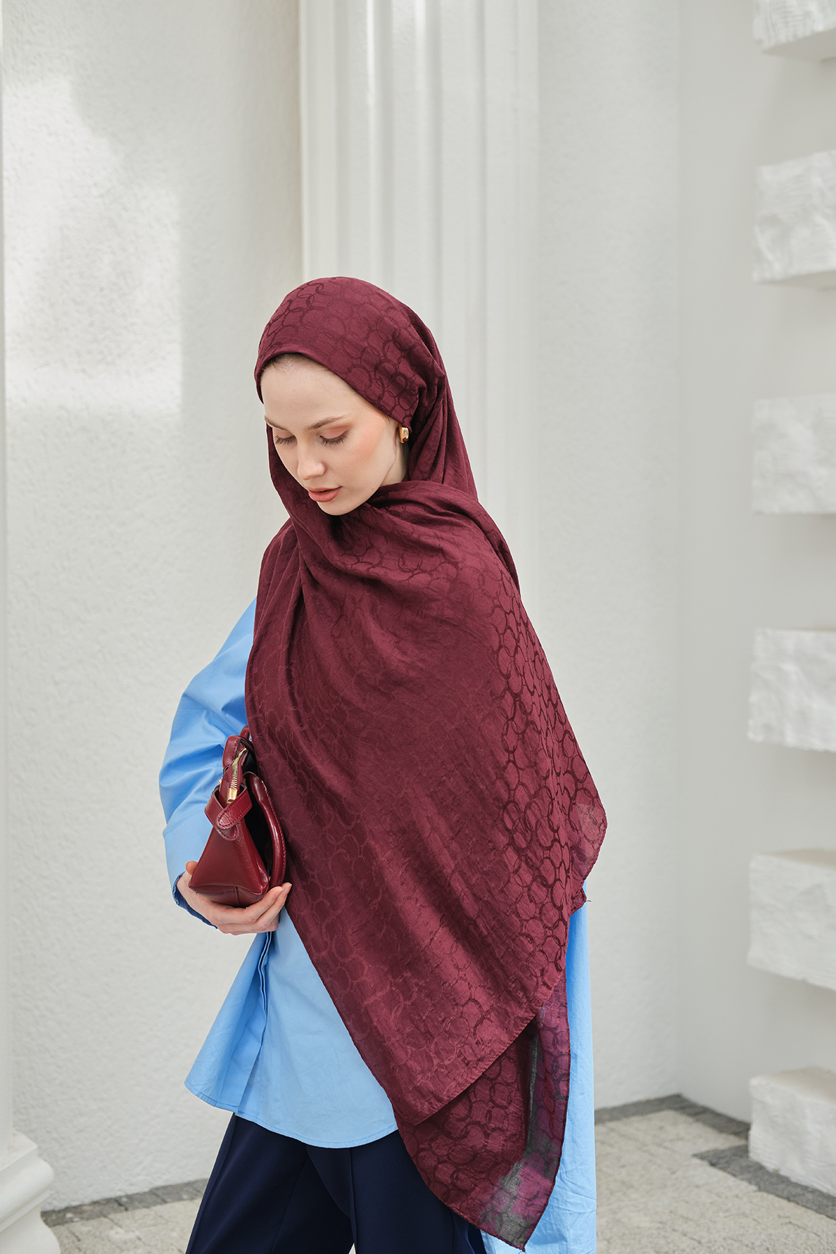 Mira İpek  Döngü Desen Pamuk Ayrobin Jakar Şal Kadın - Görsel 3