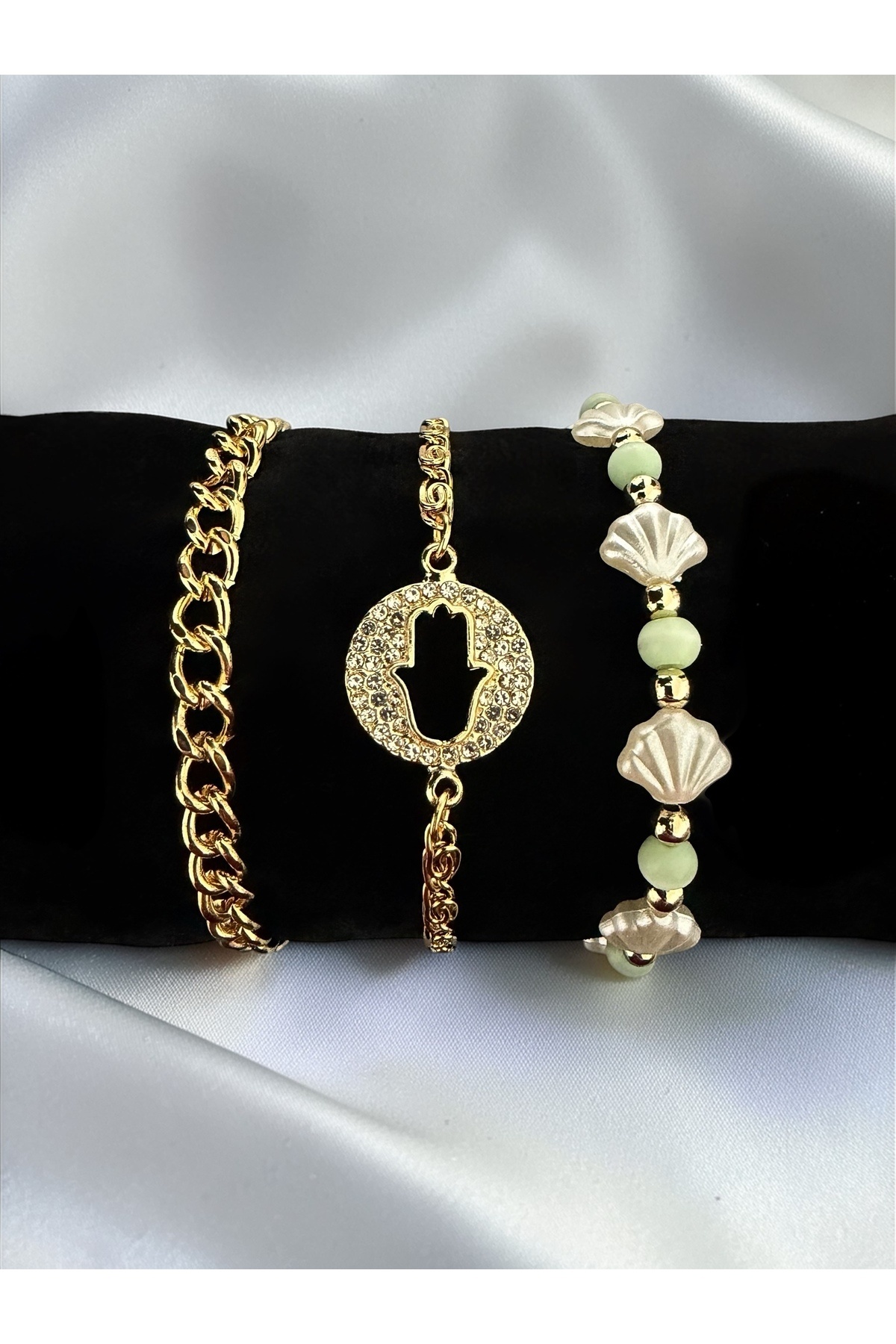 Gold Color 3-Piece Fatma Main Hand Chain Pearl Bracelet Set Combination Bracelet