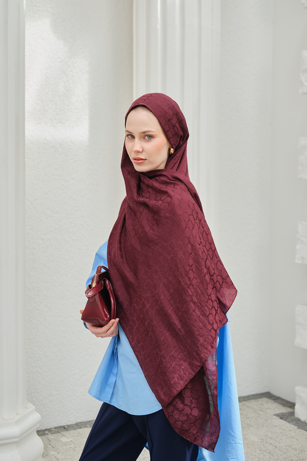 Mira İpek  Döngü Desen Pamuk Ayrobin Jakar Şal Kadın - Görsel 4