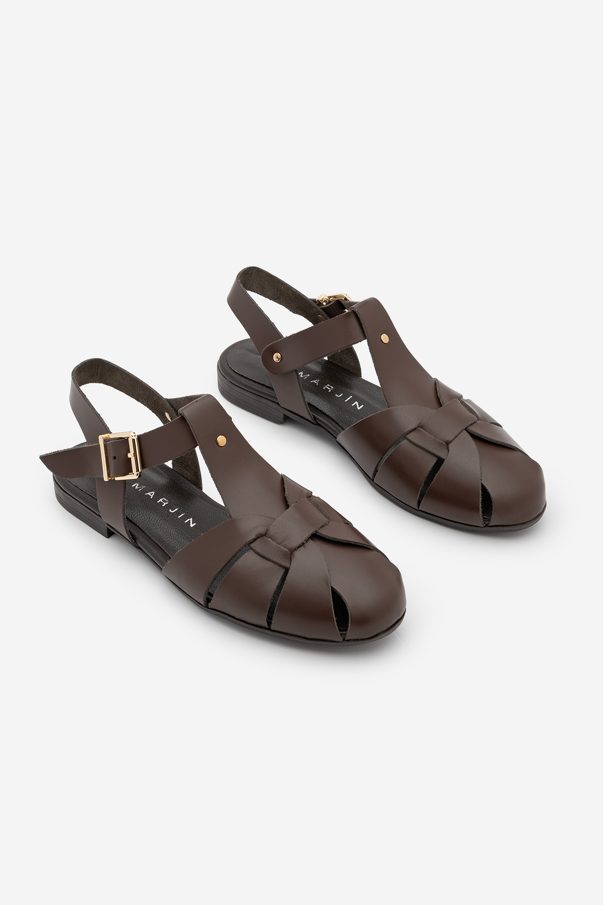 Women's Genuine Leather Ankle Band Buckle Front Closed Casual Sandals Yenzar Coffee