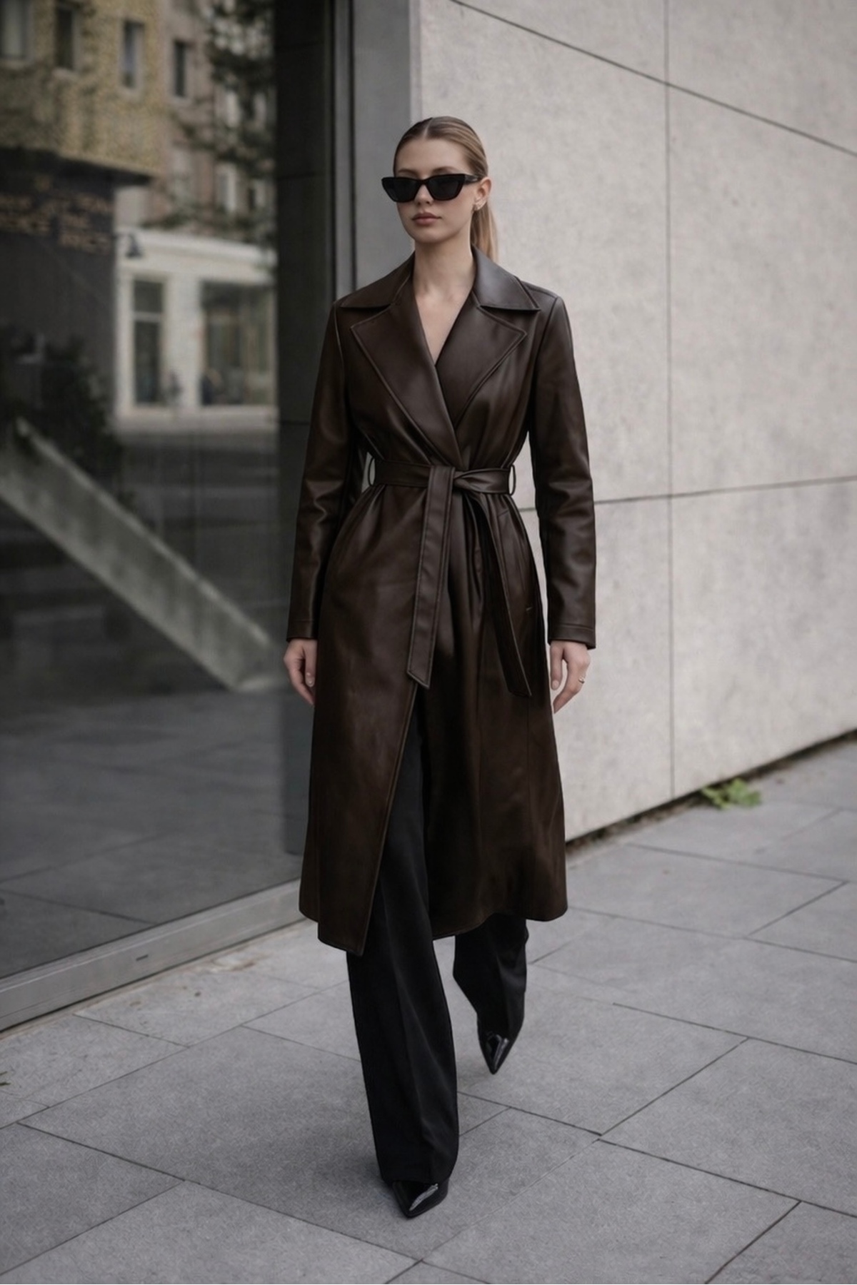 gm giyimarket Yeni Sezon Kadın Oversize Deri Trençkot görsel 3