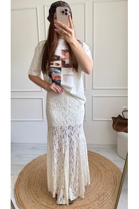 MODA EKRU ASTARLI BELİ LASTİKLİ DANTEL ETEK