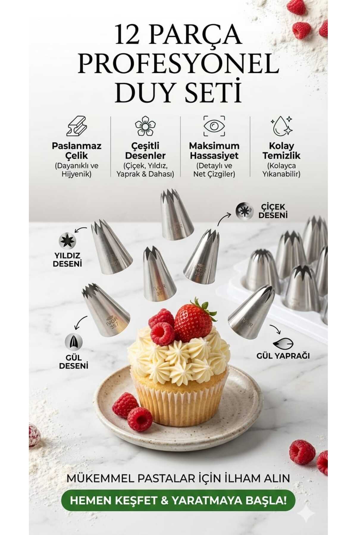 LOVYCO 12 Parça Paslanmaz Çelik Duy Seti - Pasta ve Cupcake