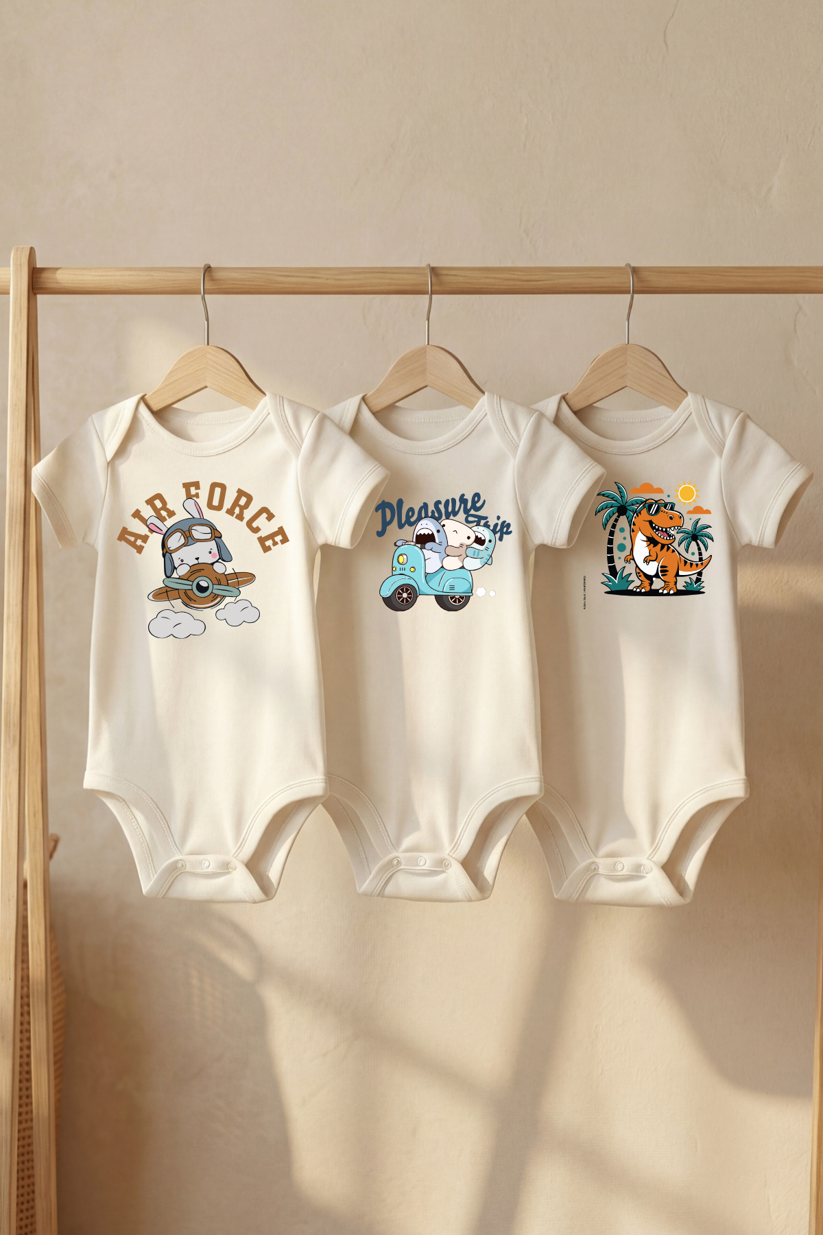 Organic 100% Cotton 3-Piece Set Pilot Rabbit Printed Short Sleeve Snap Fastener Baby Bodysuit Bodysuit Snapsuit
