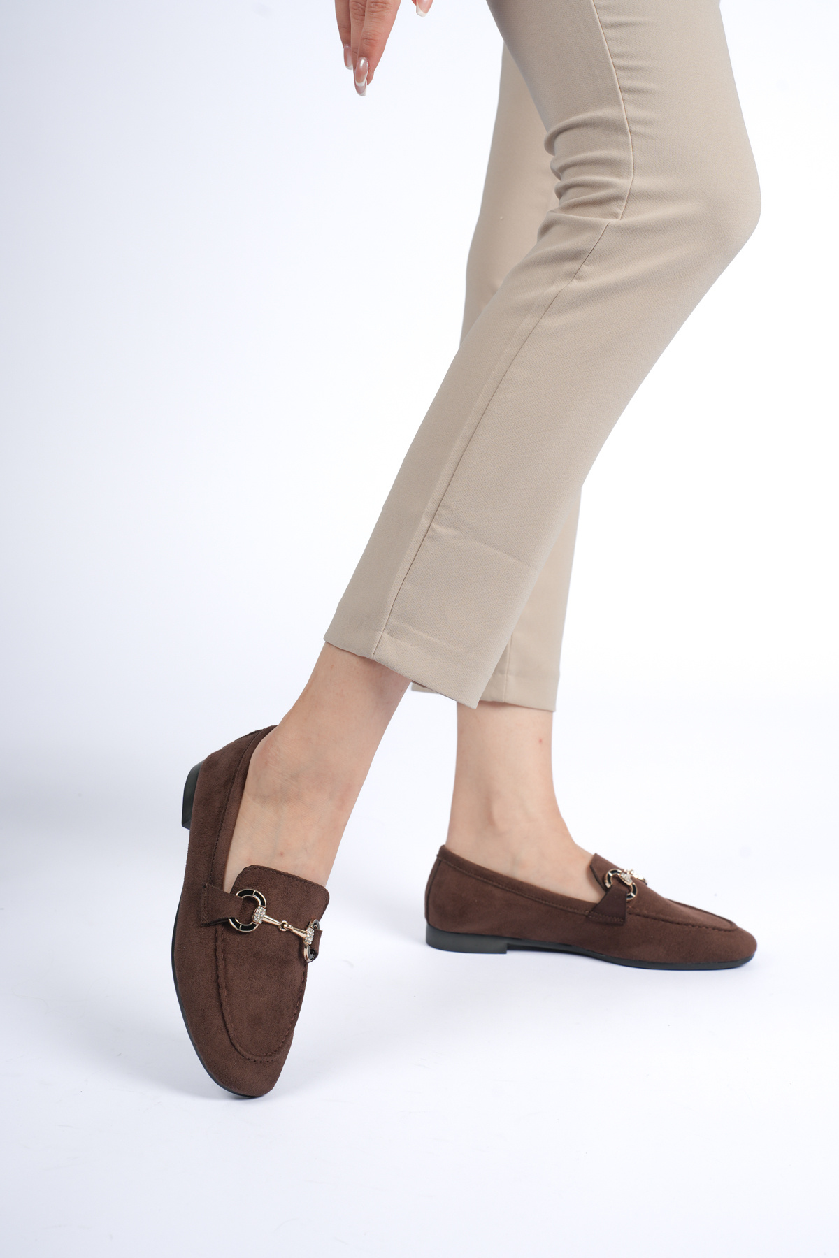 BALANZ KAHVERENGİ KADIN SÜET AYAKKABI LOAFER GOLD TAŞLI TOKALI GÜNLÜK ŞIK BABET görsel 2