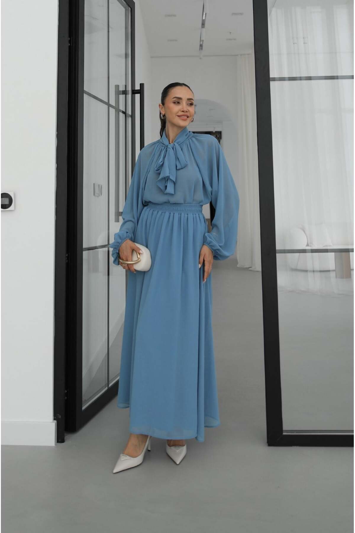 Blue Crinkle Fabric Skirt Blouse Set