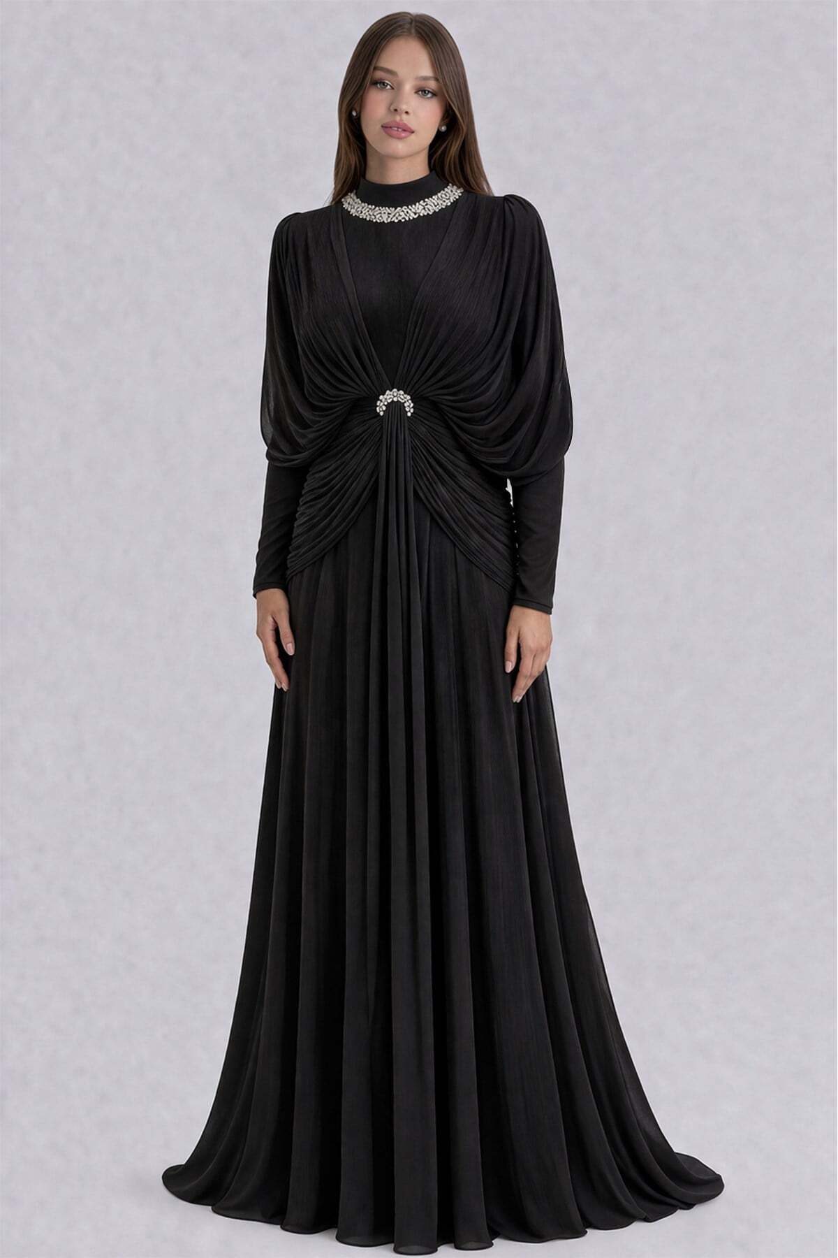 Olcay Yoryo Seiden-Tesettür-Abendkleid mit Stein- und Volon-Details SCHWARZ 1254
