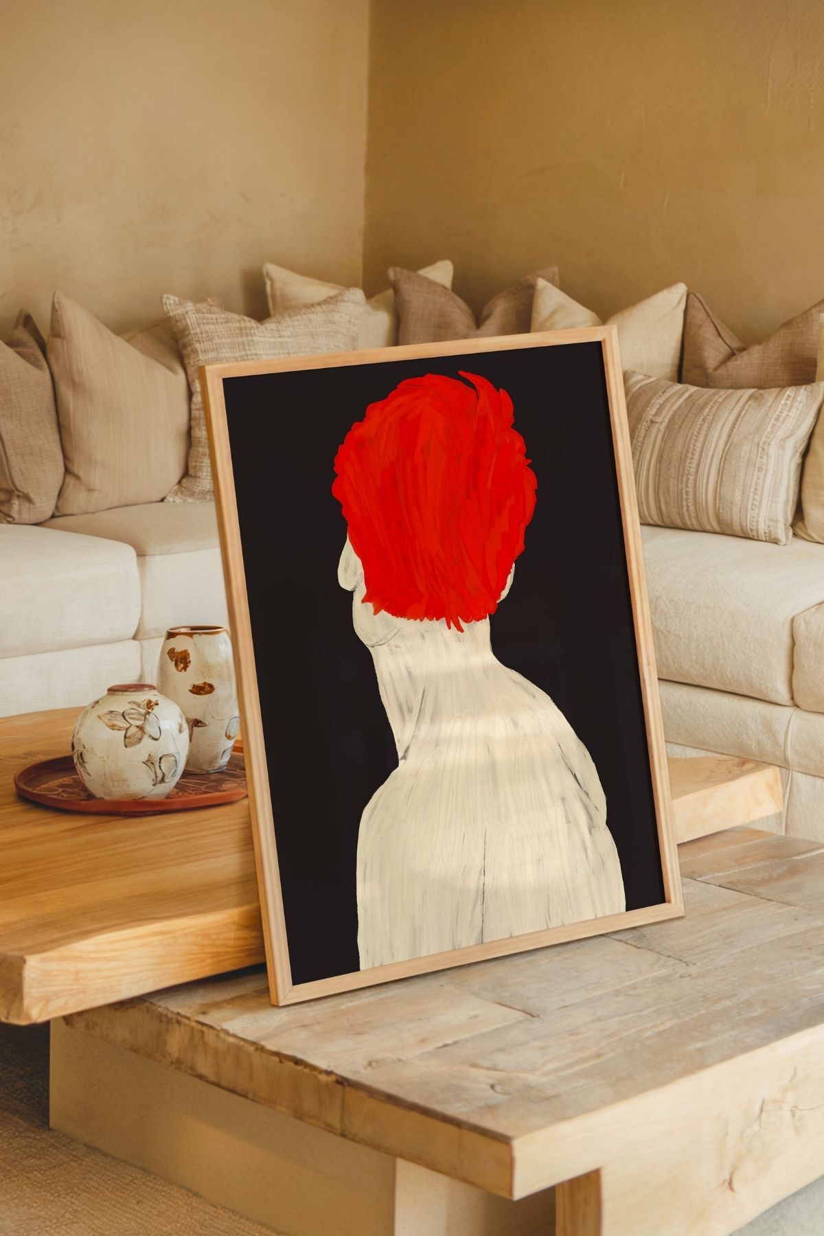 Modern Portre Tablo Kırmızı Saçlı Figür Poster Minimal Sanat Duvar Dekoru Çerçevesiz