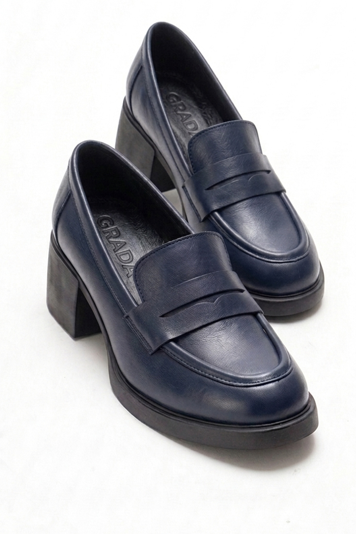 GRADA  Lacivert Hakiki Deri Kadın Topuklu Loafer Ayakkabı Gerçek Deri Topuklu Günlük Loafer Ayakkabısı