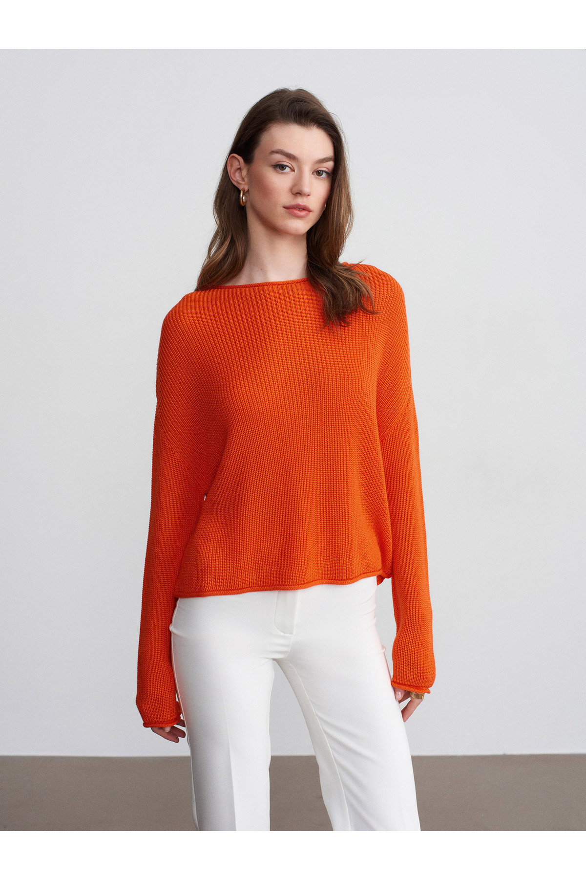 Dilvin  10804 Kayık Yaka Dökümlü Kazak-Oranj