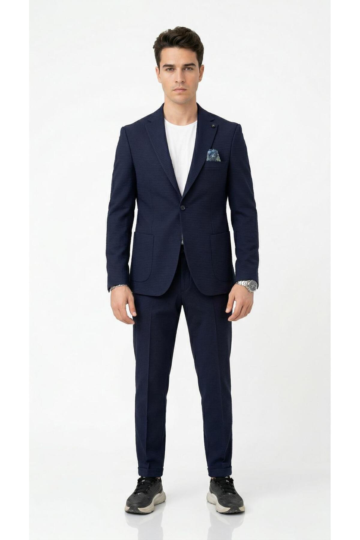 Plus Scorpion Erkek Yazlık Kumaş Tek Düğme Ceketli Jogger Pantolonlu Takım Elbise Slim Fit Spor Şık Kombin görsel 3