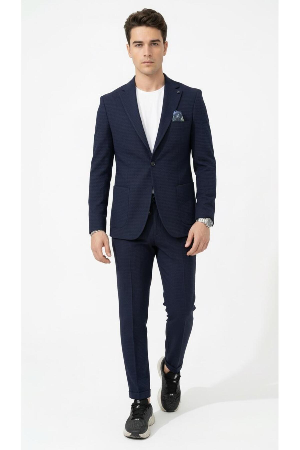 Plus Scorpion Erkek Yazlık Kumaş Tek Düğme Ceketli Jogger Pantolonlu Takım Elbise Slim Fit Spor Şık Kombin görsel 2