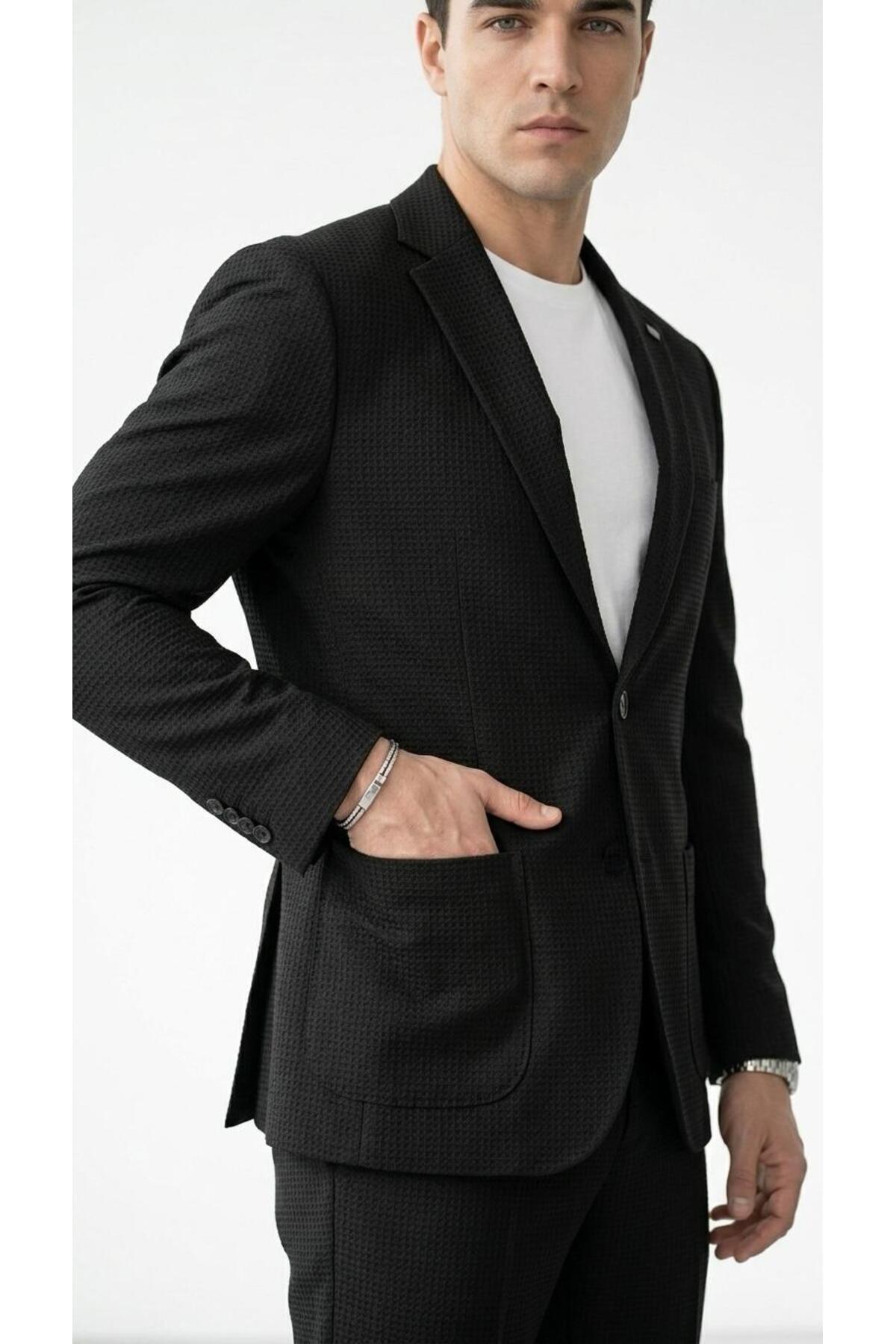 Plus Scorpion Erkek Yazlık Kumaş Tek Düğme Ceketli Jogger Pantolonlu Takım Elbise Slim Fit Spor Şık Kombin görsel 5
