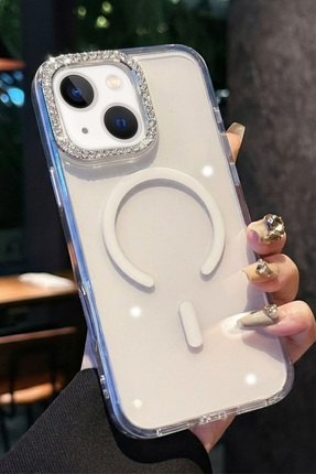 FABRON İphone 15 Uyumlu Taşlı MagSafe Kılıf Kablosuz Şarj Destekli Renkli Met...