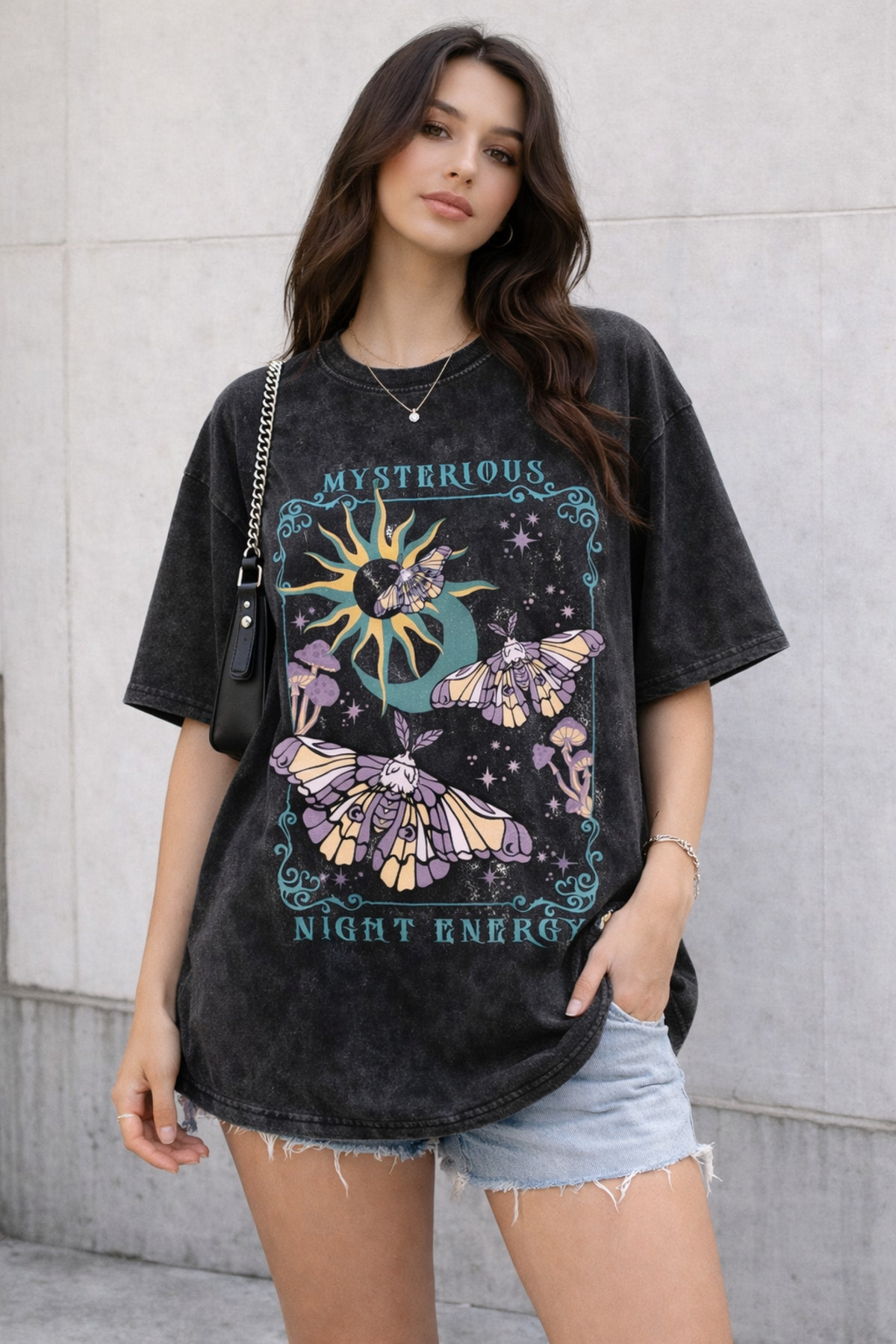 BLKFOX T-Shirt-01／BLACK × LUMINOUS (蓄光 ZAVIXO -kadin Antrasit Oversize Soluk Efektli T‑Shirt 10 - Fiyatı