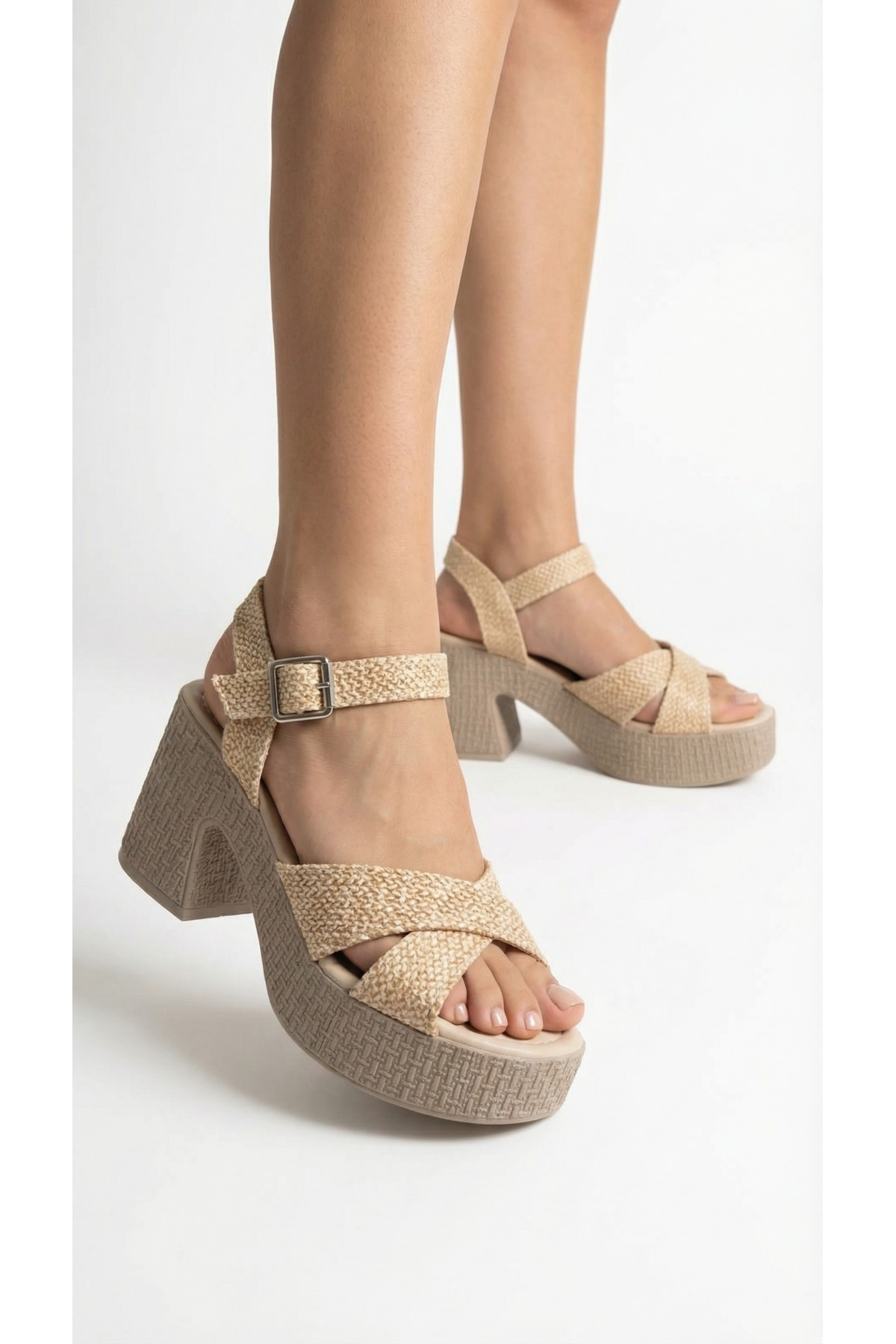 High Side Buckle Cross Striped Open Skin Summer Women Fill Sole Sandals Shoes