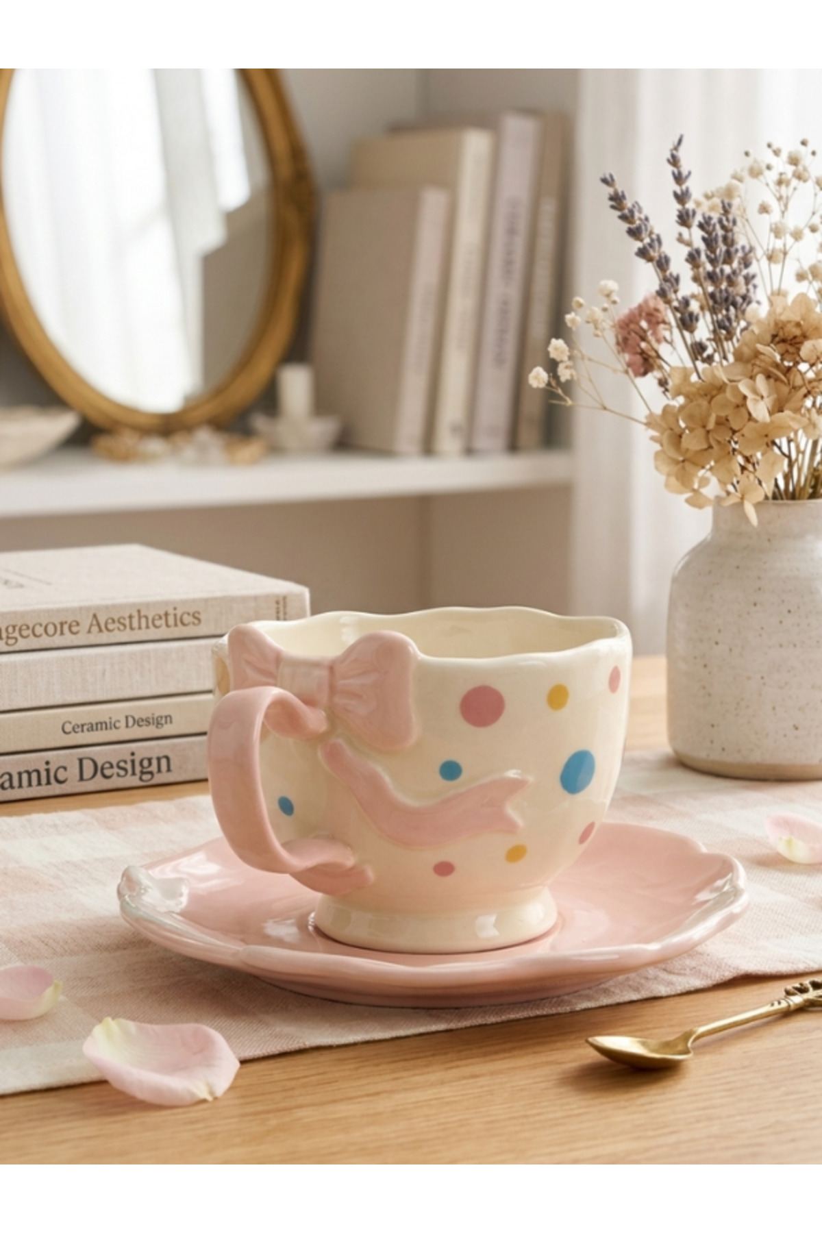 Polka Dot Design Mug with Ceramic Plate - Color Option
