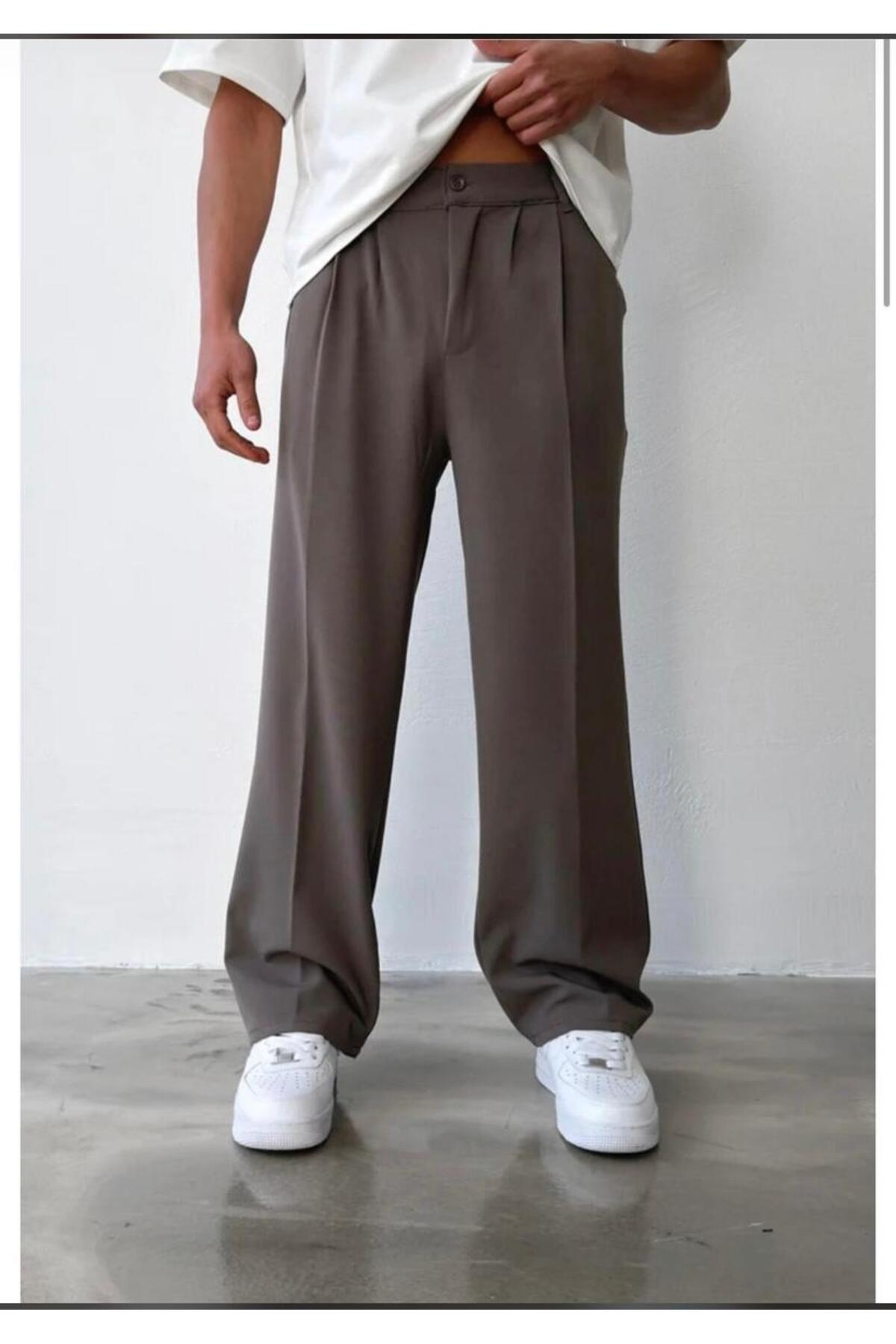 Ser Joven Men's Mink Baggy Fit Relaxed Fit Pleated Fabric Trousers