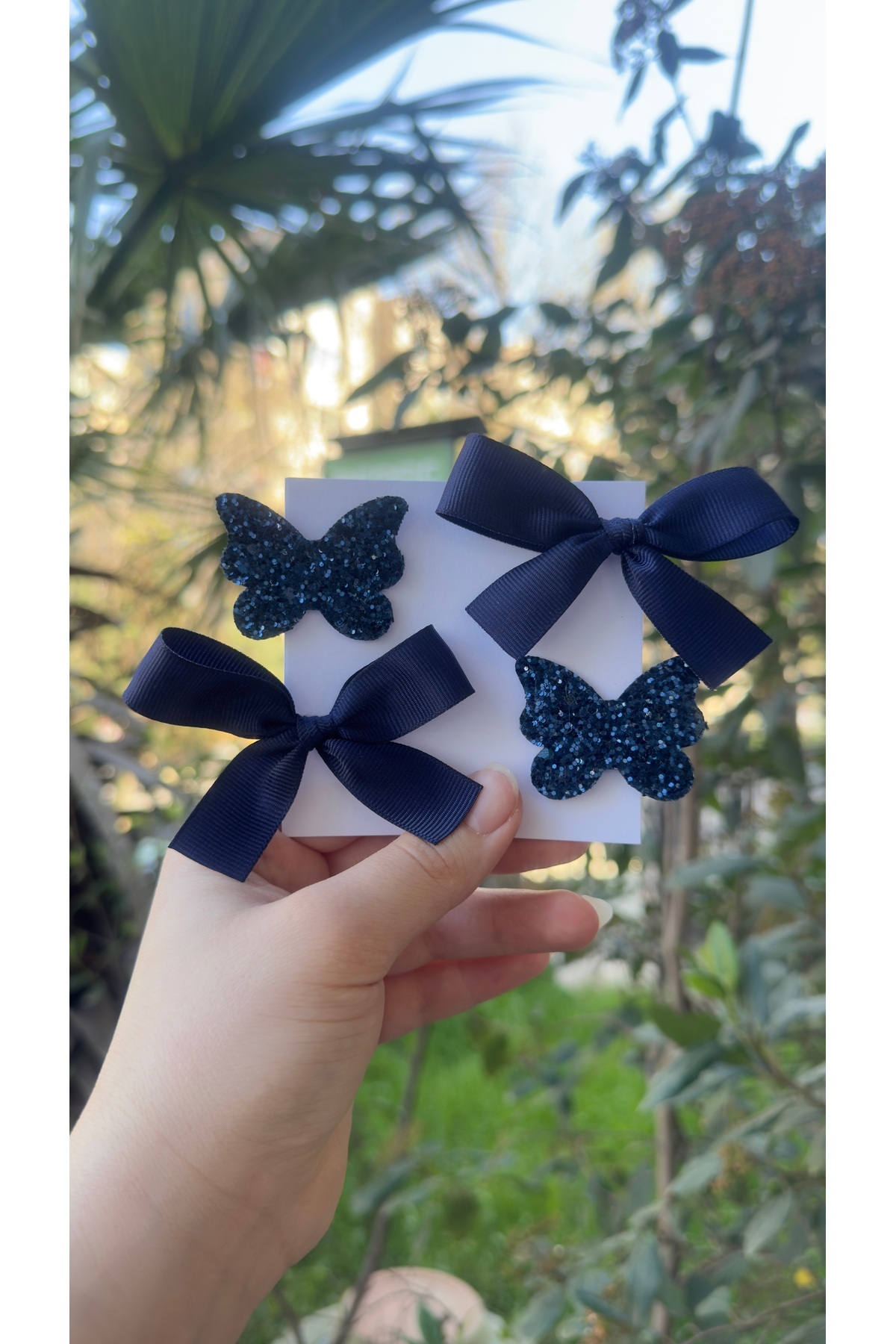 Cleo Navy Blue Buckle Set ( ribbon Bow Glitter Butterfly 3.2 Metal Clip)