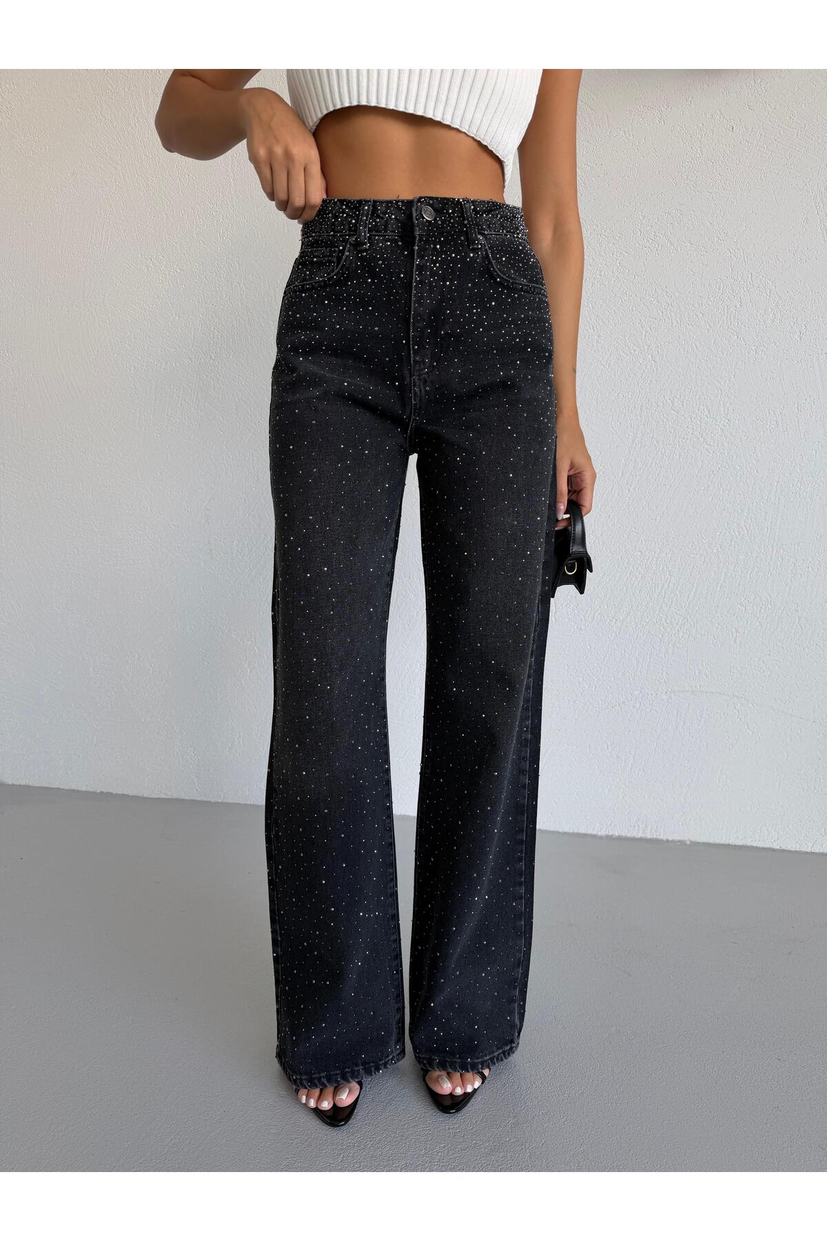 Vooz  Kadın Taşlı Wide Leg Jean Yüksek Bel Geniş Paça Denim Pantolon Siyah Füme Antrasit