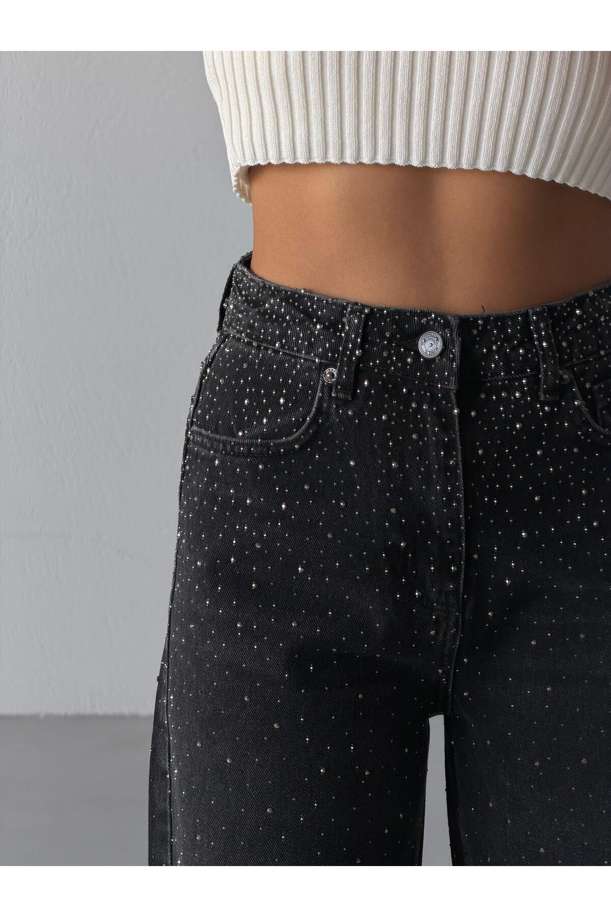 Vooz  Kadın Taşlı Wide Leg Jean Yüksek Bel Geniş Paça Denim Pantolon Siyah Füme Antrasit - Görsel 3