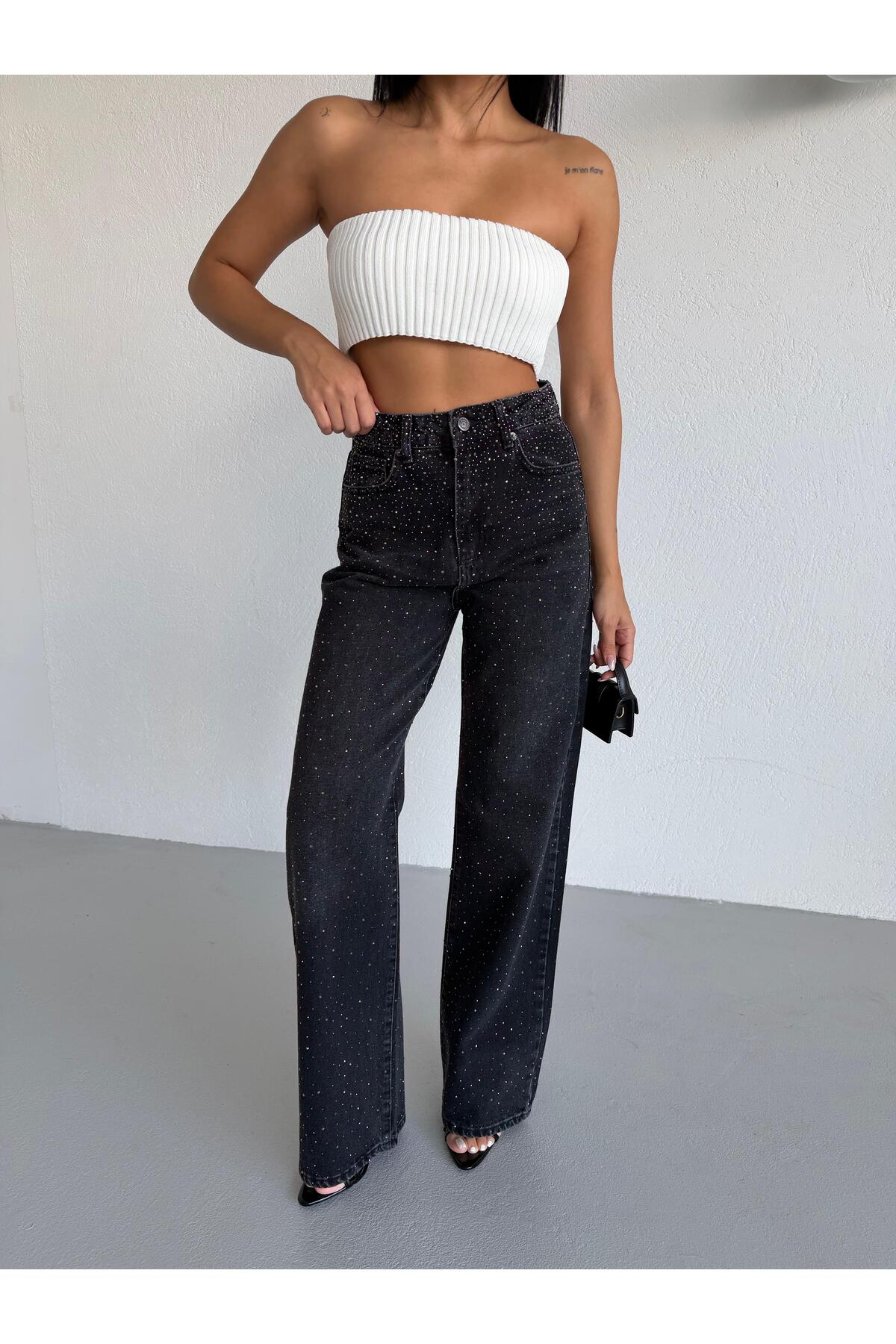 Vooz  Kadın Taşlı Wide Leg Jean Yüksek Bel Geniş Paça Denim Pantolon Siyah Füme Antrasit - Görsel 7