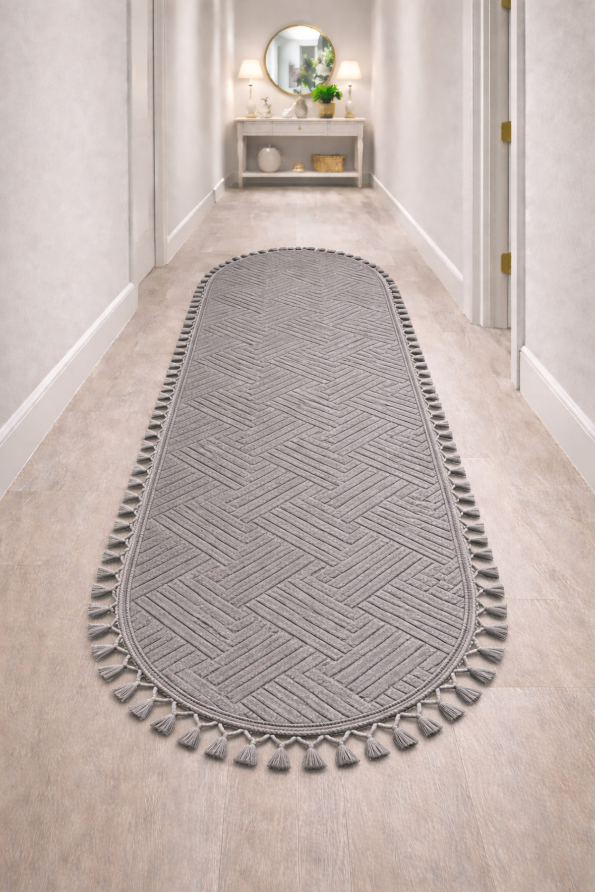 Relief Oval Knit Fringed Aden Anti-Slip Washable Living Room Kitchen Corridor Runner Carpet Rug GRAY