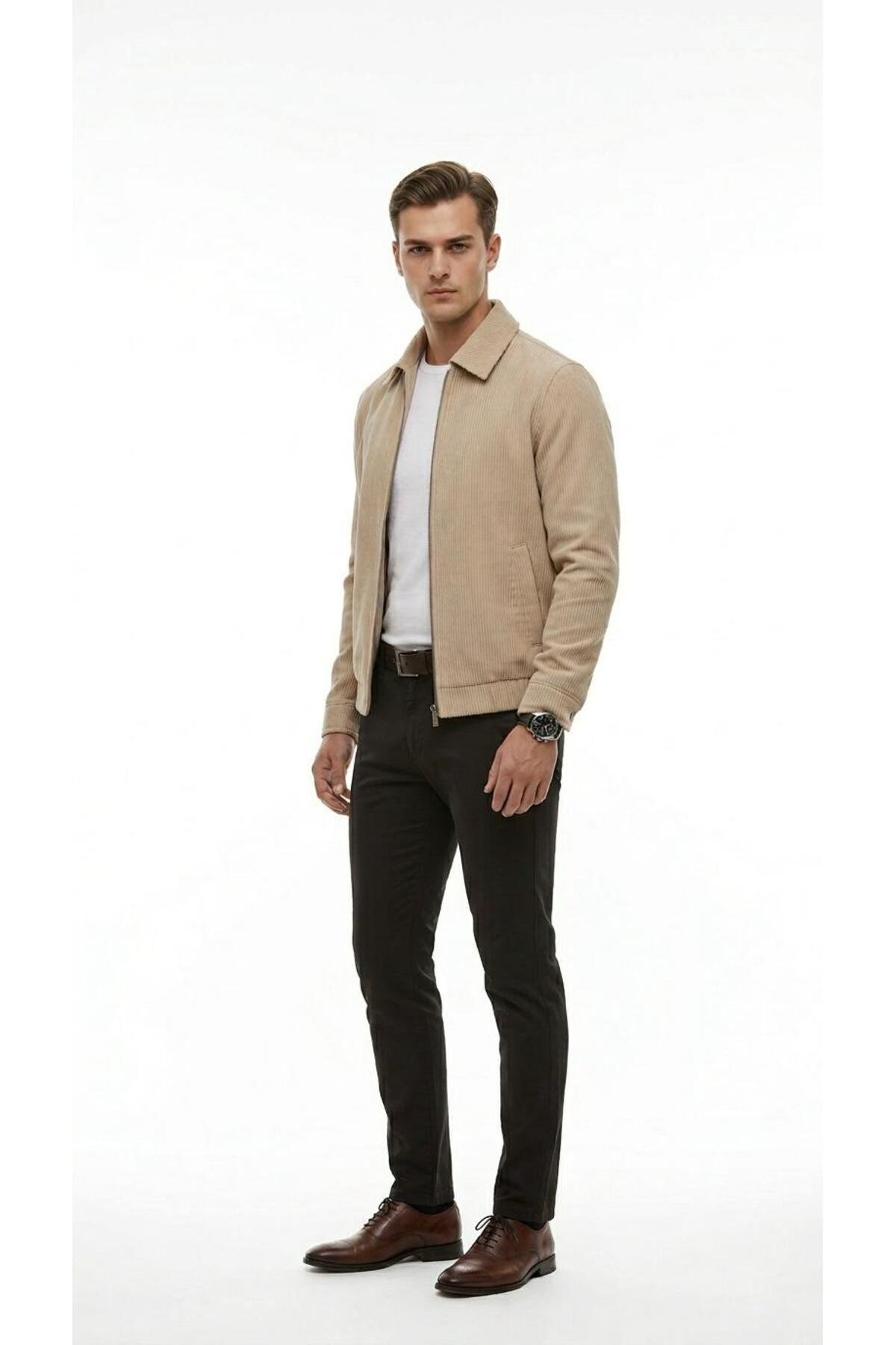 Slim Fit Fitilli Dokulu Erkek Fermuarlı Mont Ceket Günlük Şık Kombin — بژ TR-6587954125