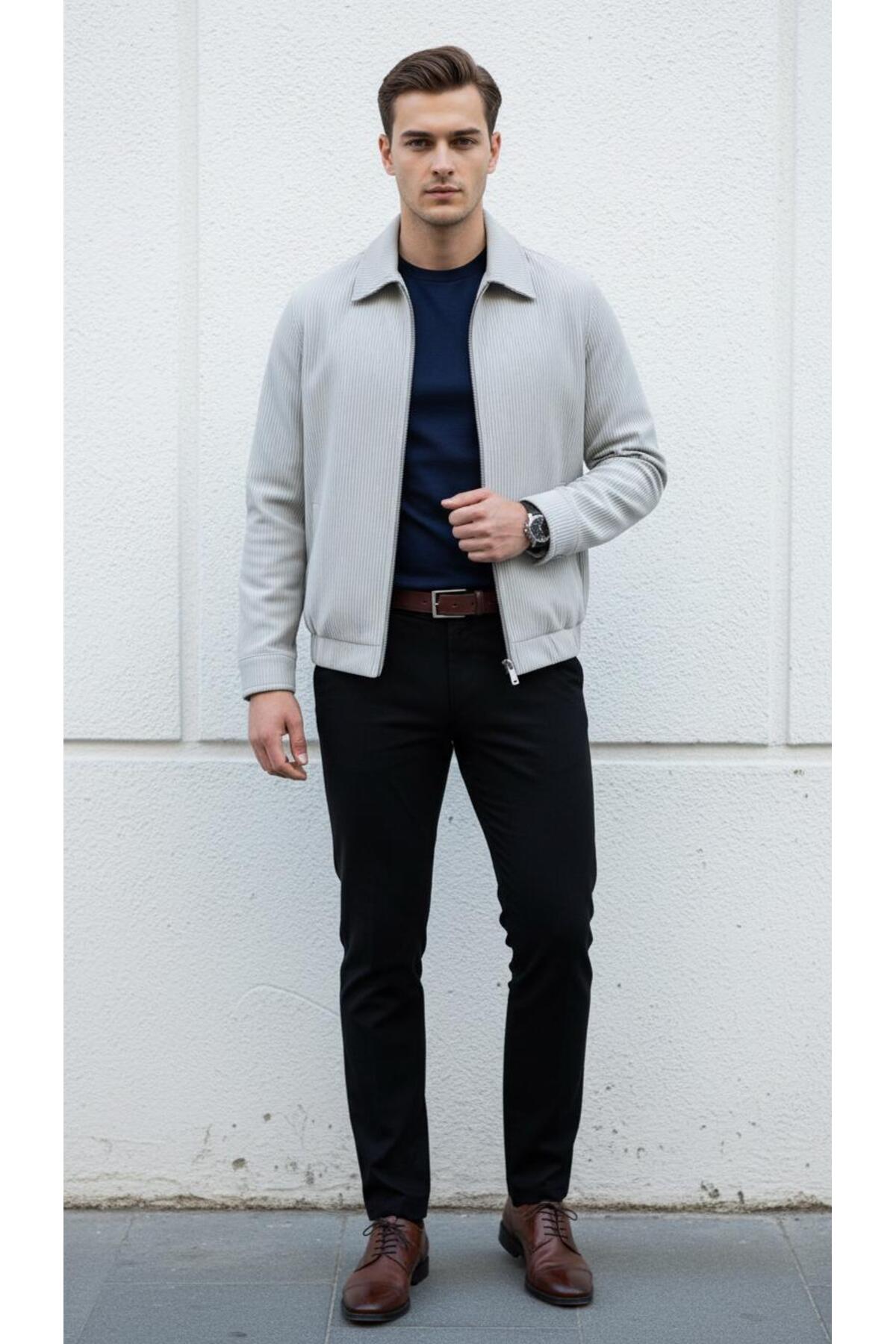 Slim Fit Fitilli Dokulu Erkek Fermuarlı Mont Ceket Günlük 5