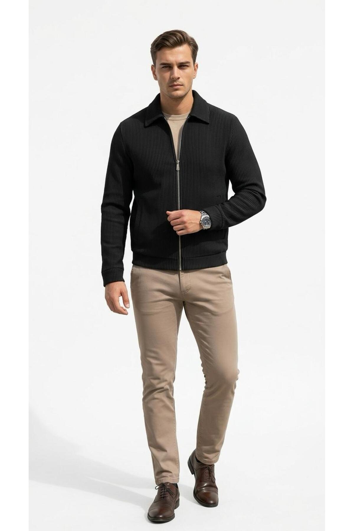 Slim Fit Fitilli Dokulu Erkek Fermuarlı Mont Ceket Günlük Şık Kombin — مشکی TR-6587954125
