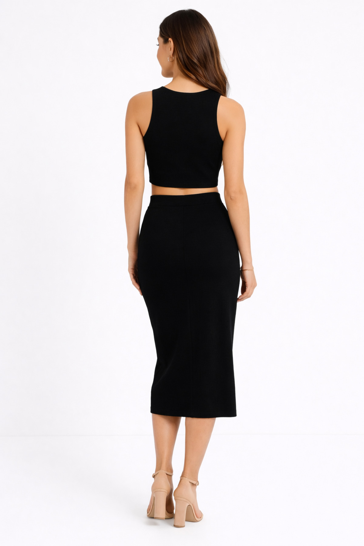 buğlem collection  Elegance Kadın Kaşkorse Etek Takım Yırtmaçlı Midi Etek Crop Bisiklet Yaka Kolsuz Likralı - Görsel 3