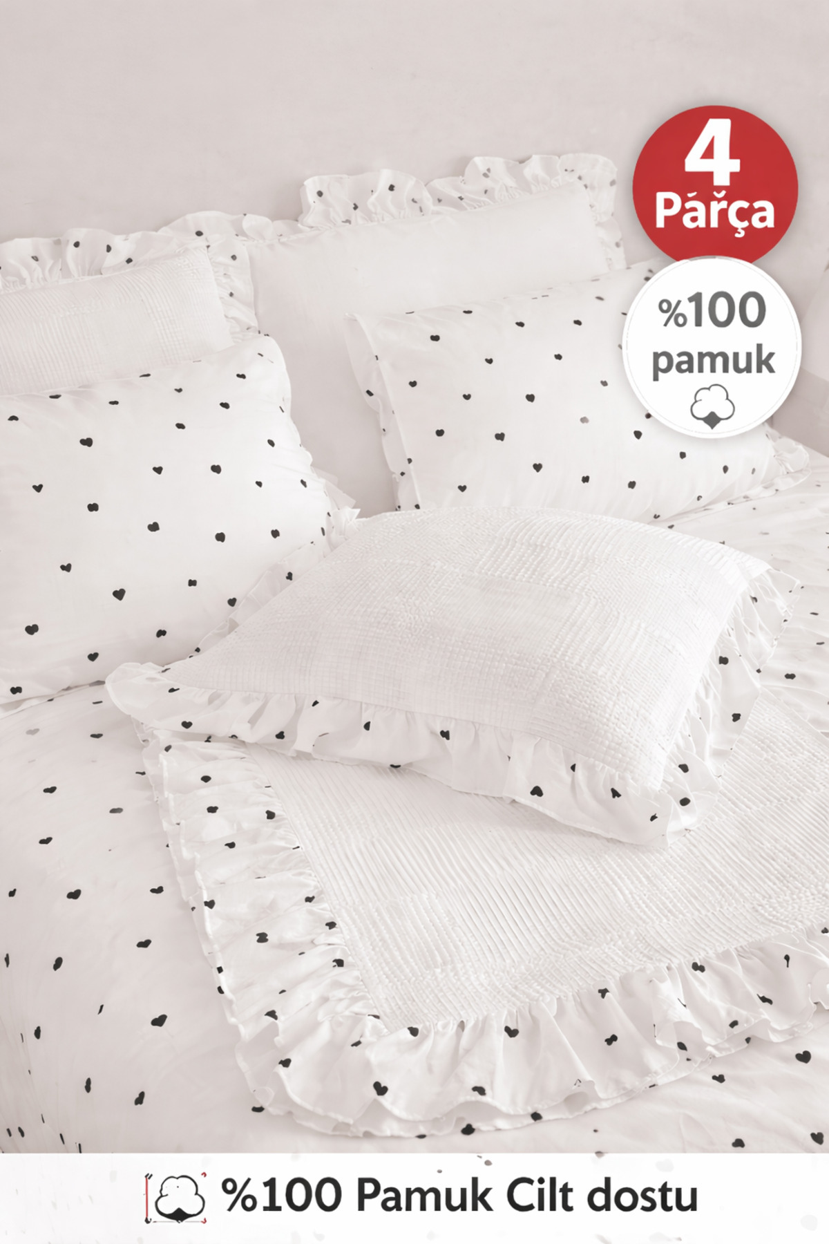 100% Cotton Ruffled 4-Piece - BLACK - Single Quilting Set with Elastic Bedsheet