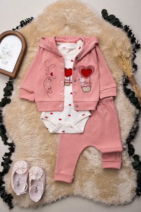 Hopy Kids 1031 Nakışlı %100 Pamuk Kız Bebek 3'lü Takım 3-6-9 Ay Kompak Penye